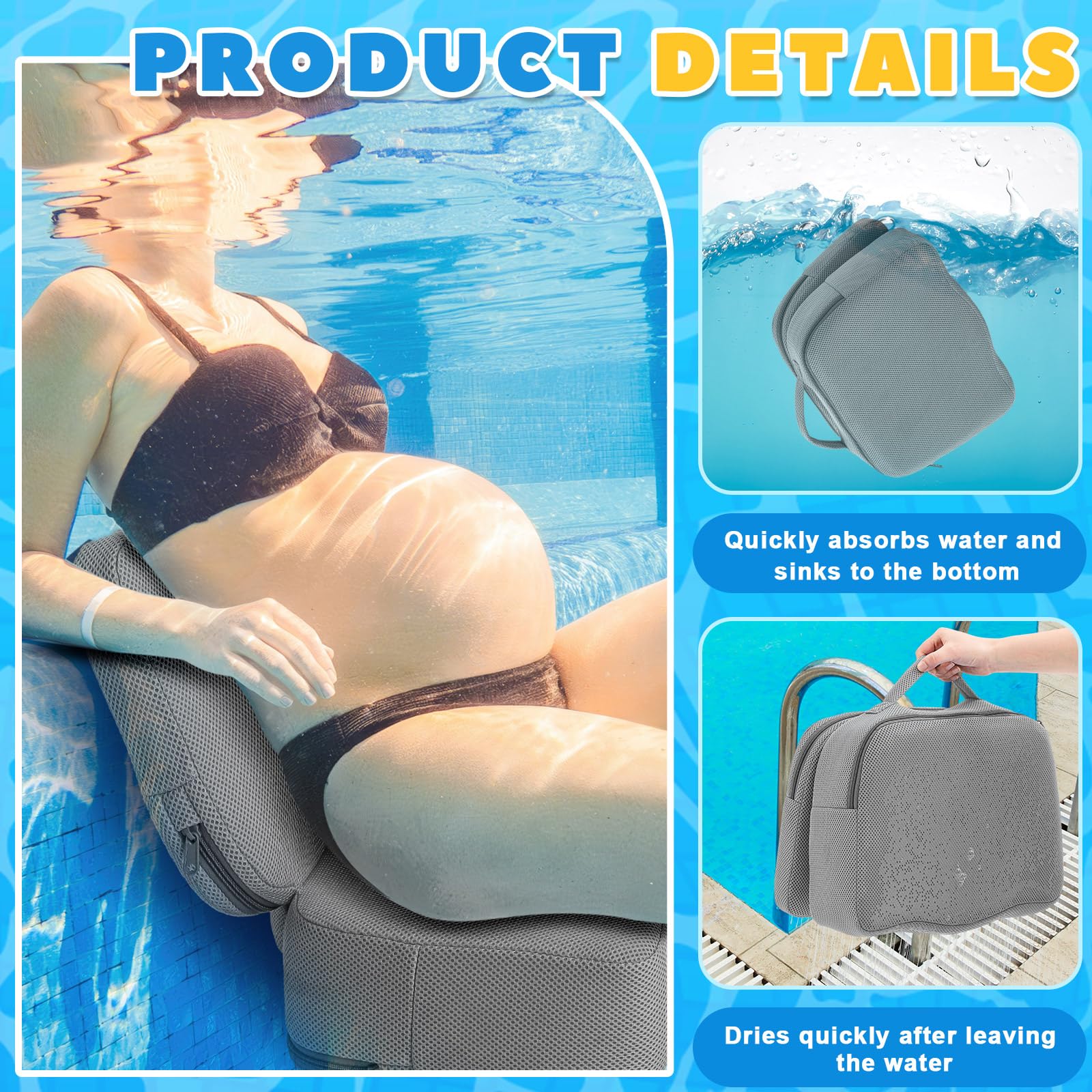 Yerliker 2 Pcs Foldable Hot Tub Booster Seat for Adults Adjustable 2 Heights up to 6.3", Weighted Booster Seat 3D Air Mesh Hot Tub Accessories Quick Dry Micro Dot Non Slip for Spa Bathtub Pool (Gray) - Image 5