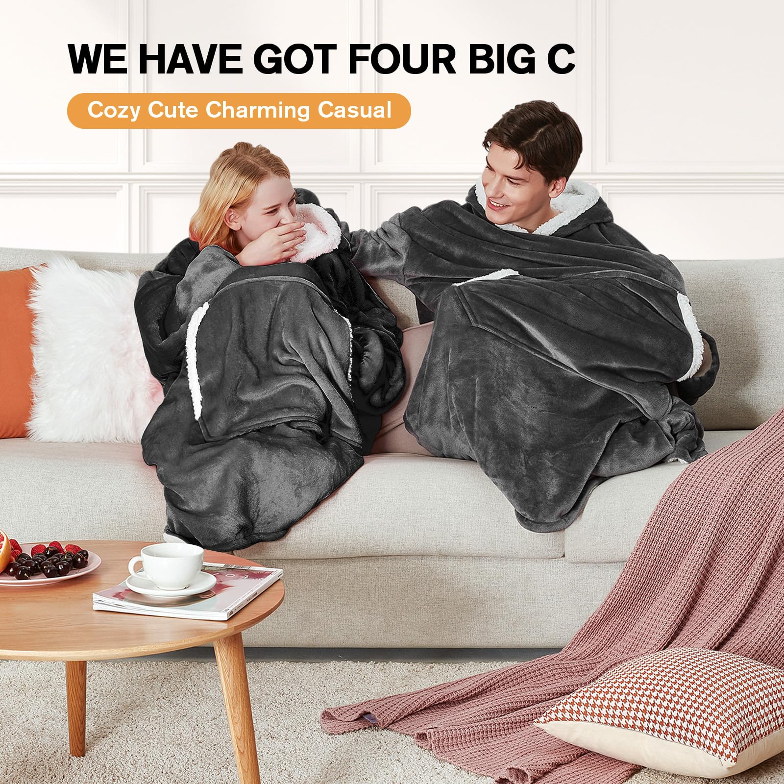 yescool Wearable Blanket Hoodie - Birthday Christmas Gifts for Women Mom Girlfriend, Oversized Flannel Sherpa Cozy Hooded Blanket Sweatshirt Adult With Hood Pocket & Sleeves, One Size Fits All (Grey) - Image 3