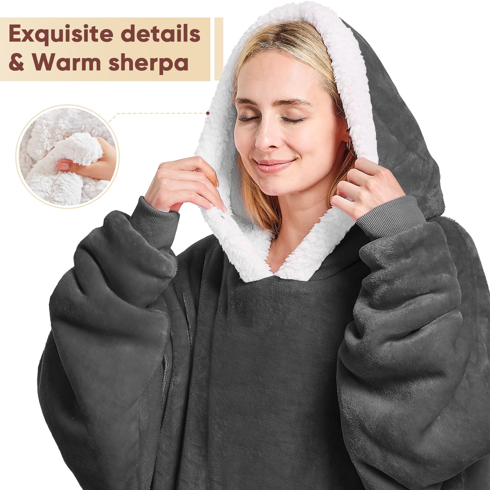yescool Wearable Blanket Hoodie - Birthday Christmas Gifts for Women Mom Girlfriend, Oversized Flannel Sherpa Cozy Hooded Blanket Sweatshirt Adult With Hood Pocket & Sleeves, One Size Fits All (Grey) - Image 4