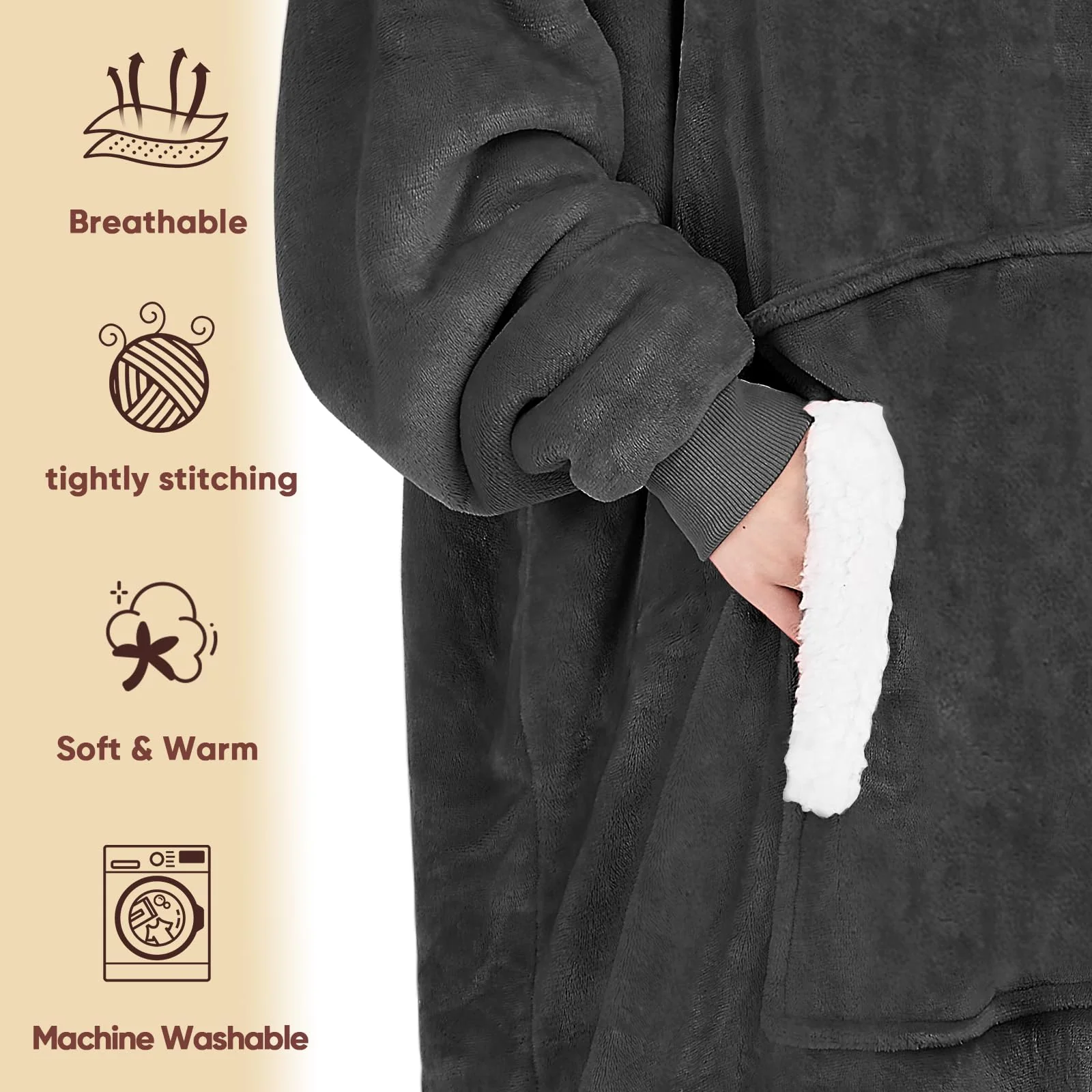 yescool Wearable Blanket Hoodie - Birthday Christmas Gifts for Women Mom Girlfriend, Oversized Flannel Sherpa Cozy Hooded Blanket Sweatshirt Adult With Hood Pocket & Sleeves, One Size Fits All (Grey) - Image 5