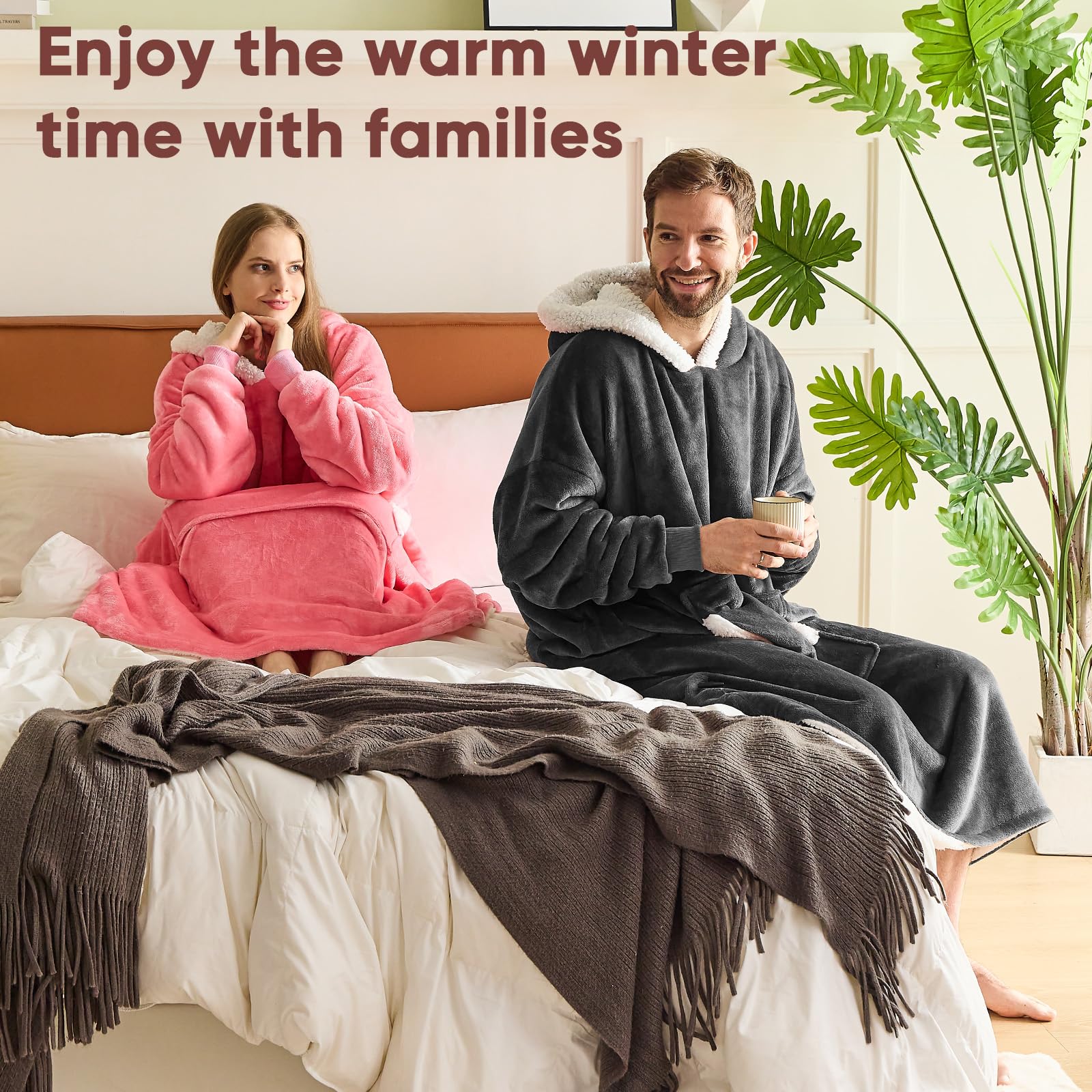 yescool Wearable Blanket Hoodie - Birthday Christmas Gifts for Women Mom Girlfriend, Oversized Flannel Sherpa Cozy Hooded Blanket Sweatshirt Adult With Hood Pocket & Sleeves, One Size Fits All (Grey) - Image 6