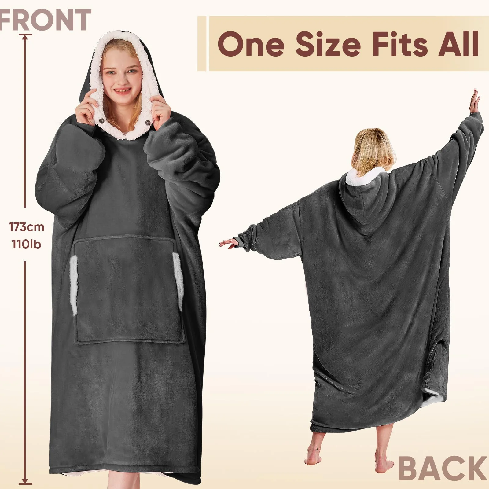 yescool Wearable Blanket Hoodie - Birthday Christmas Gifts for Women Mom Girlfriend, Oversized Flannel Sherpa Cozy Hooded Blanket Sweatshirt Adult With Hood Pocket & Sleeves, One Size Fits All (Grey) - Image 7