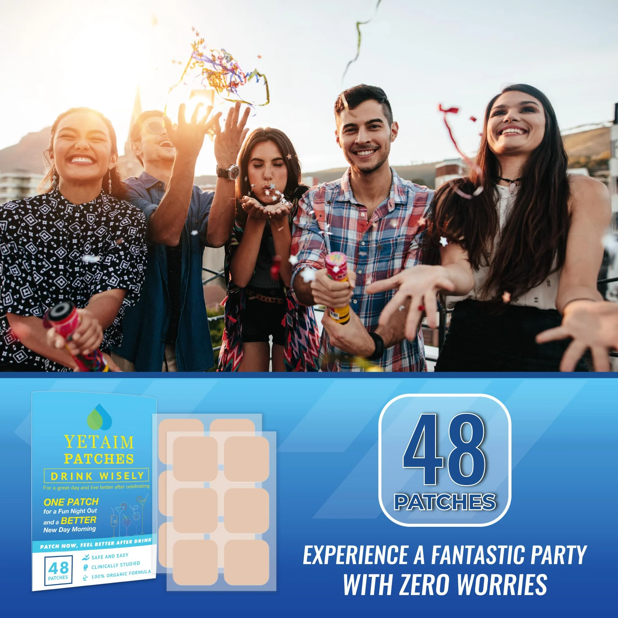 YETAIM Recovery Patches for Women Men: 48-Pack Energy Boost Fast Recovery - Day Night Party Support - Apply on Arm Neck Wrist Back for Party Fun Morning Revival - Clear Blue - Image 3