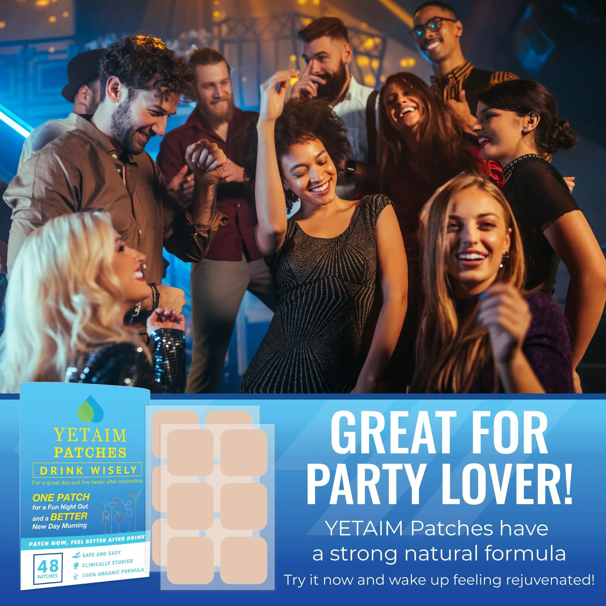 YETAIM Recovery Patches for Women Men: 48-Pack Energy Boost Fast Recovery - Day Night Party Support - Apply on Arm Neck Wrist Back for Party Fun Morning Revival - Clear Blue - Image 4