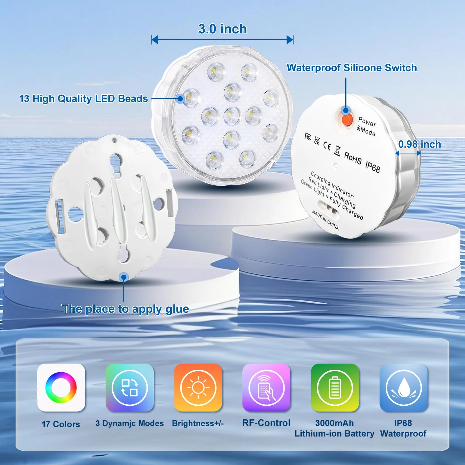 YiaMia Rechargeable Pool Lights with Remote, 2 Pack IP68 Waterproof Submersible LED Lights for Above Ground & Inground Pools, Bath, Shower, Party Decoration, Spas, Aquariums - Image 4