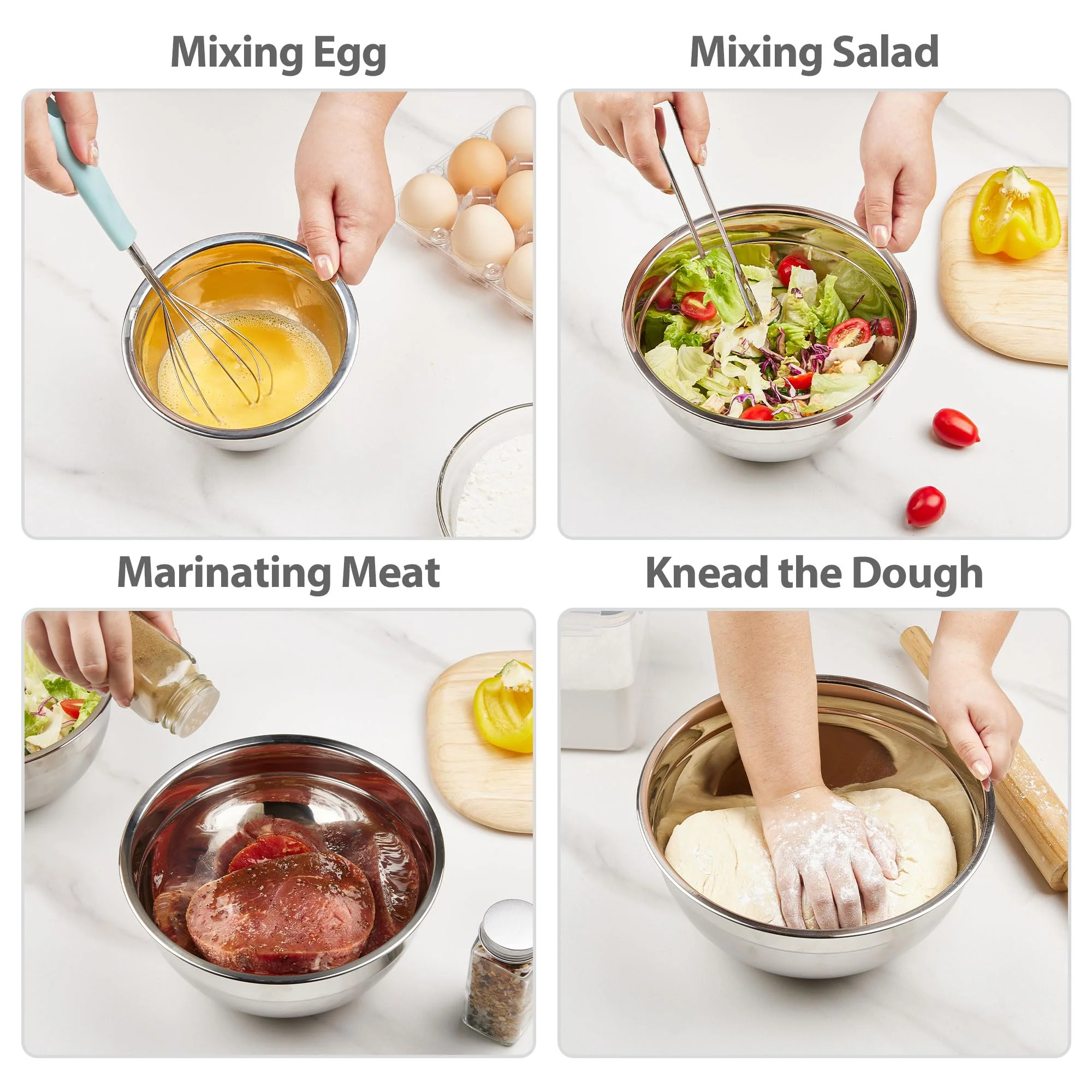 YIHONG 7 Piece Metal Mixing Bowls with Lids for Kitchen, Stainless Steel Set Ideal for Baking, Prepping, Cooking and Serving Food, Nesting Design for Space Saving Storage - Image 5