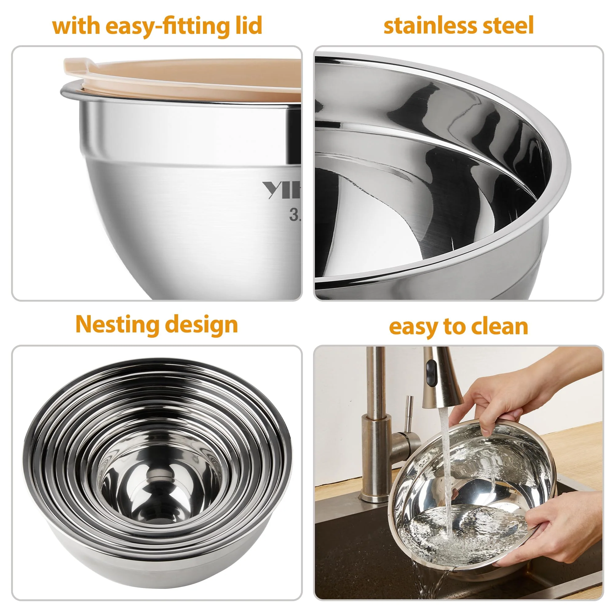 YIHONG 7 Piece Metal Mixing Bowls with Lids for Kitchen, Stainless Steel Set Ideal for Baking, Prepping, Cooking and Serving Food, Nesting Design for Space Saving Storage (Khaki) - Image 3