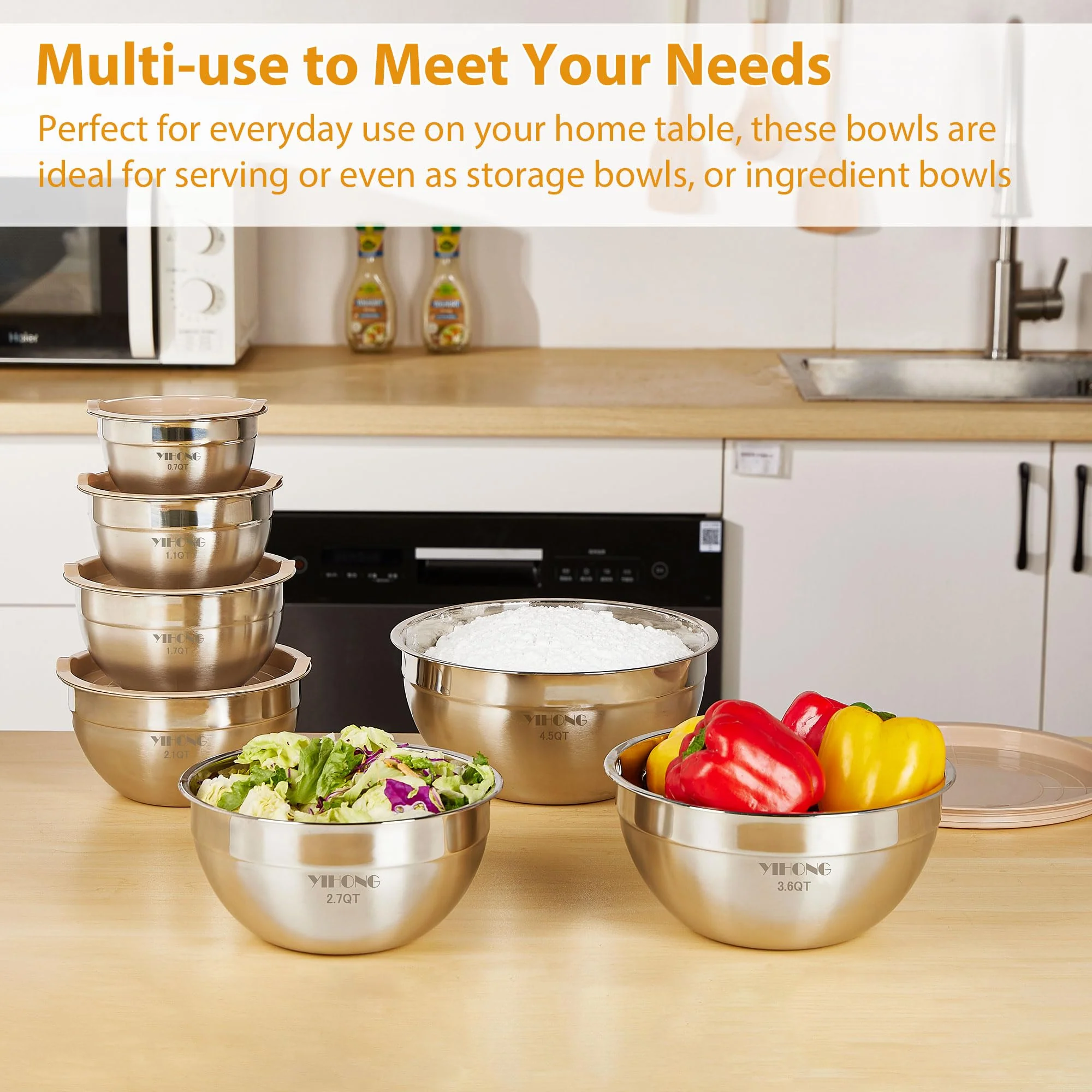 YIHONG 7 Piece Metal Mixing Bowls with Lids for Kitchen, Stainless Steel Set Ideal for Baking, Prepping, Cooking and Serving Food, Nesting Design for Space Saving Storage (Khaki) - Image 6
