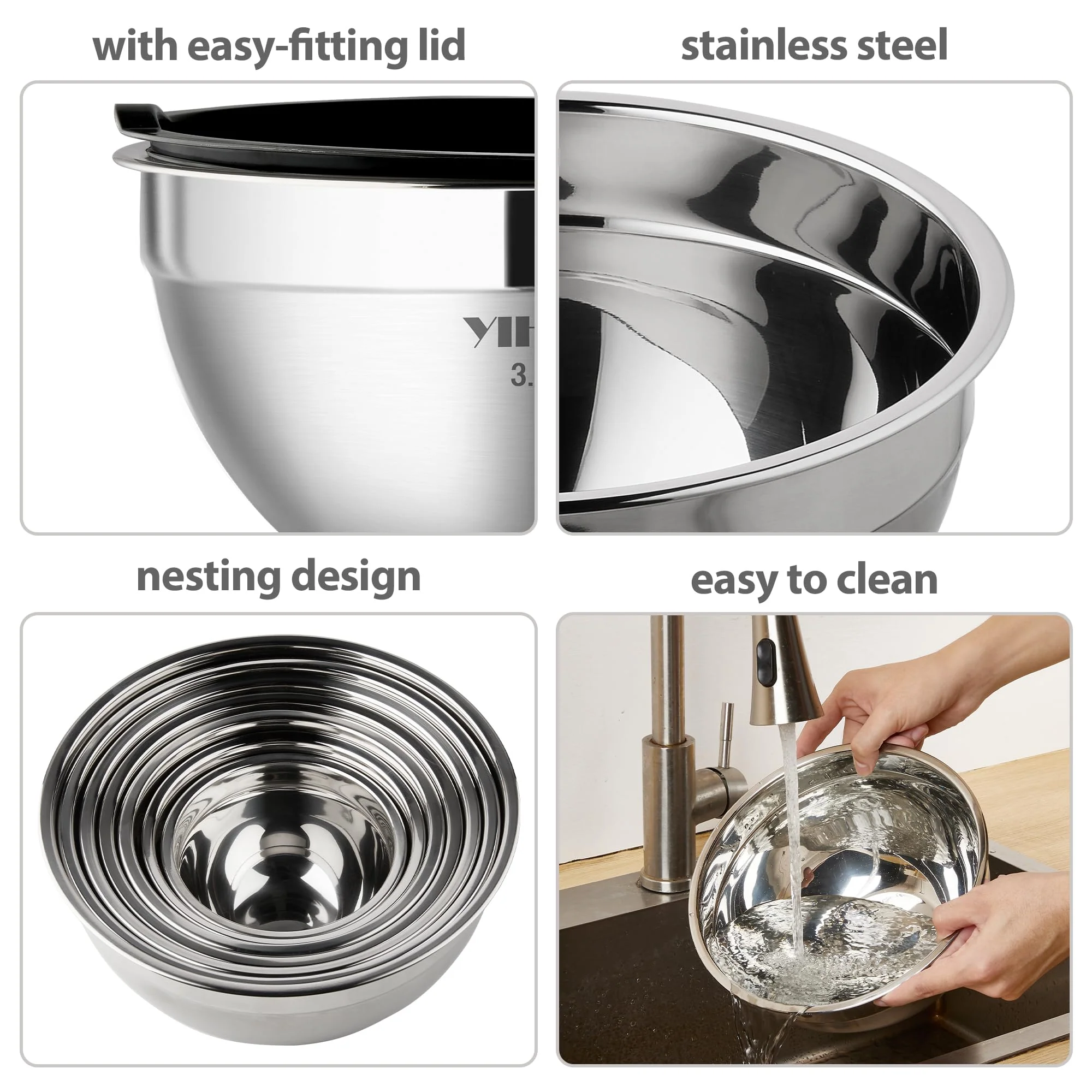 YIHONG 7 Piece Metal Mixing Bowls with Lids for Kitchen, Stainless Steel Set Ideal for Baking, Prepping, Cooking and Serving Food, Nesting Design for Space Saving Storage(Black) - Image 3