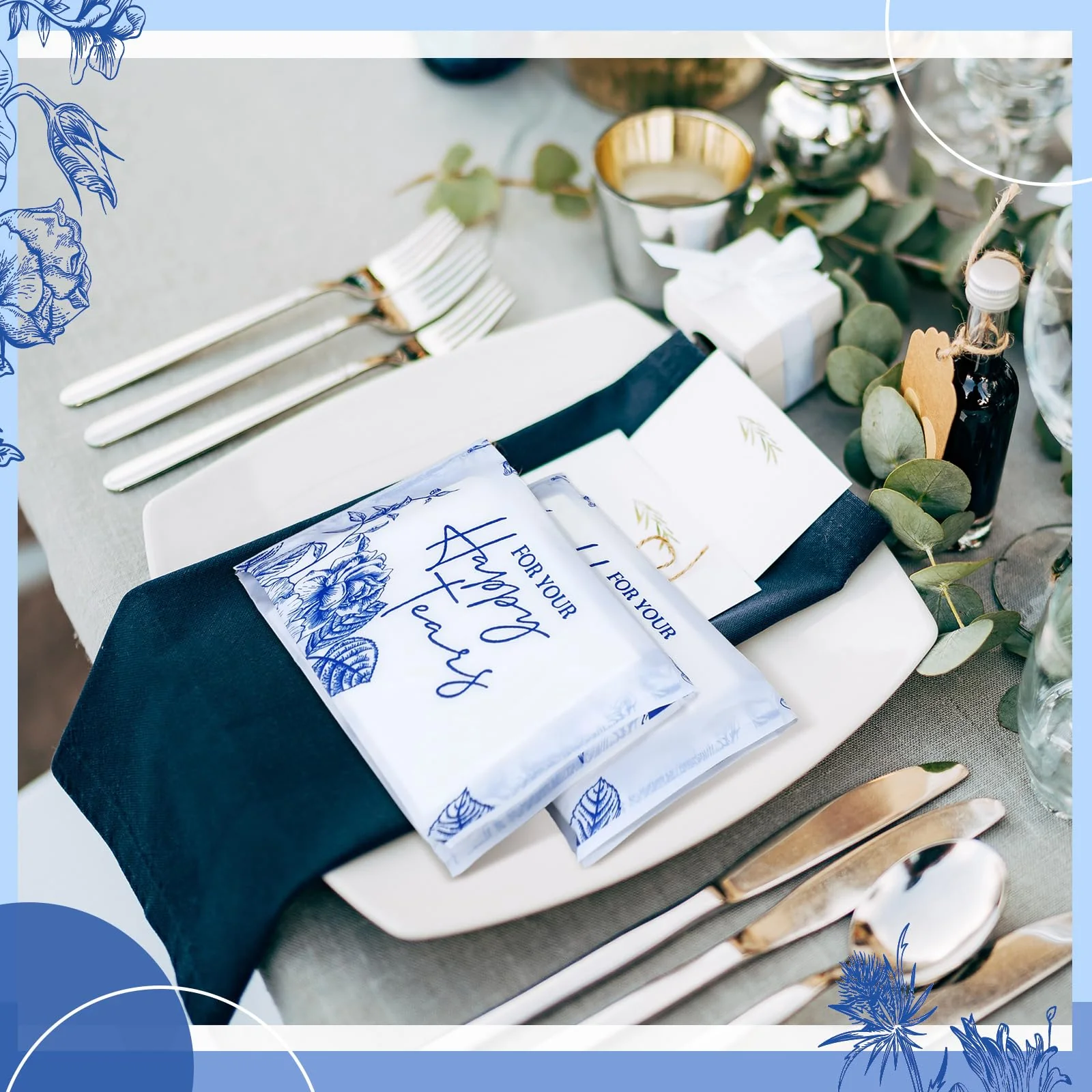 Yinder 60 Bulk Happy Tears Tissue Packs for Wedding 3 Ply Pocket Size Tissues Packs for Guests Facial Individual Wedding Favors Party Supplies Travel Graduation Celebration(Blue Flower) - Image 3