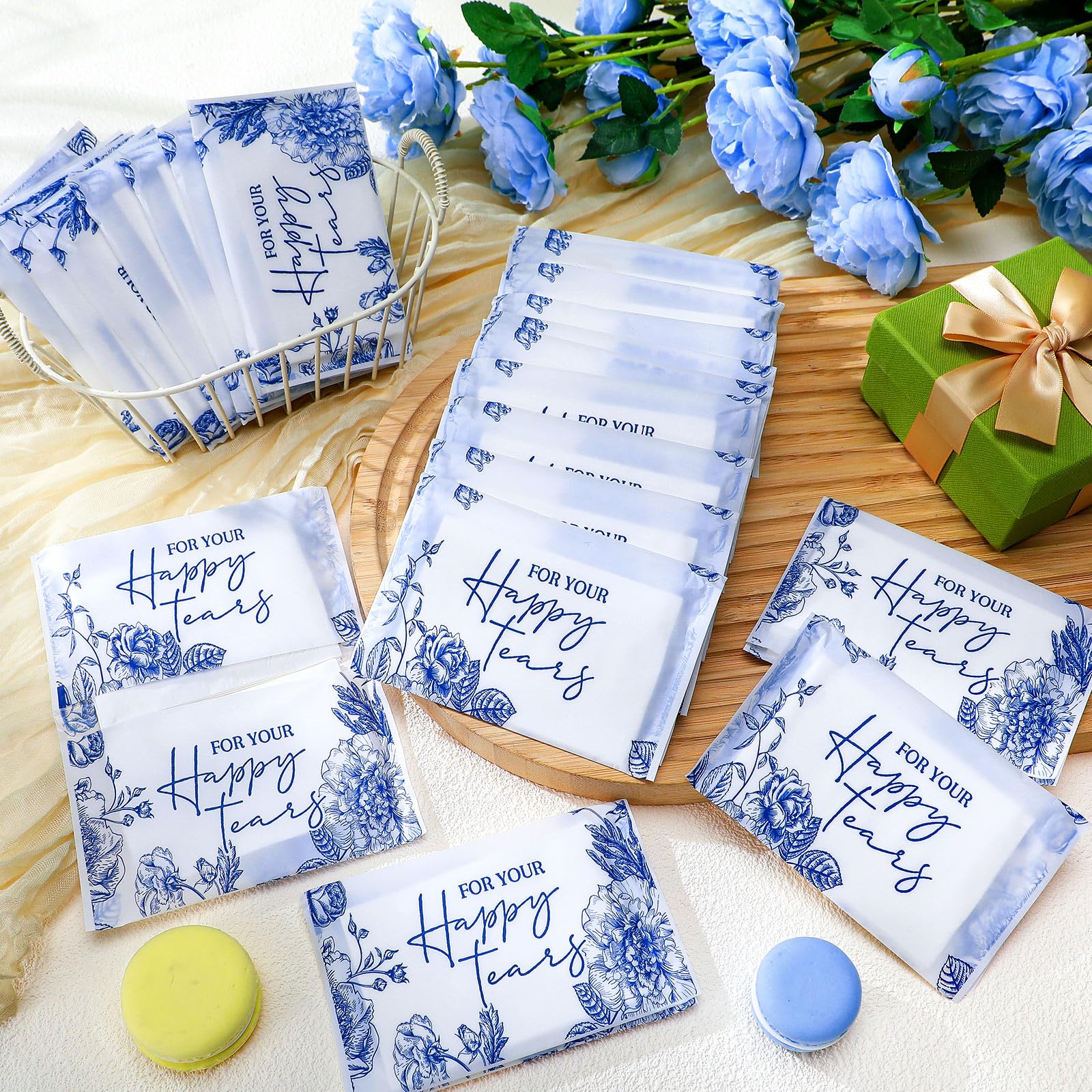Yinder 60 Bulk Happy Tears Tissue Packs for Wedding 3 Ply Pocket Size Tissues Packs for Guests Facial Individual Wedding Favors Party Supplies Travel Graduation Celebration(Blue Flower) - Image 6