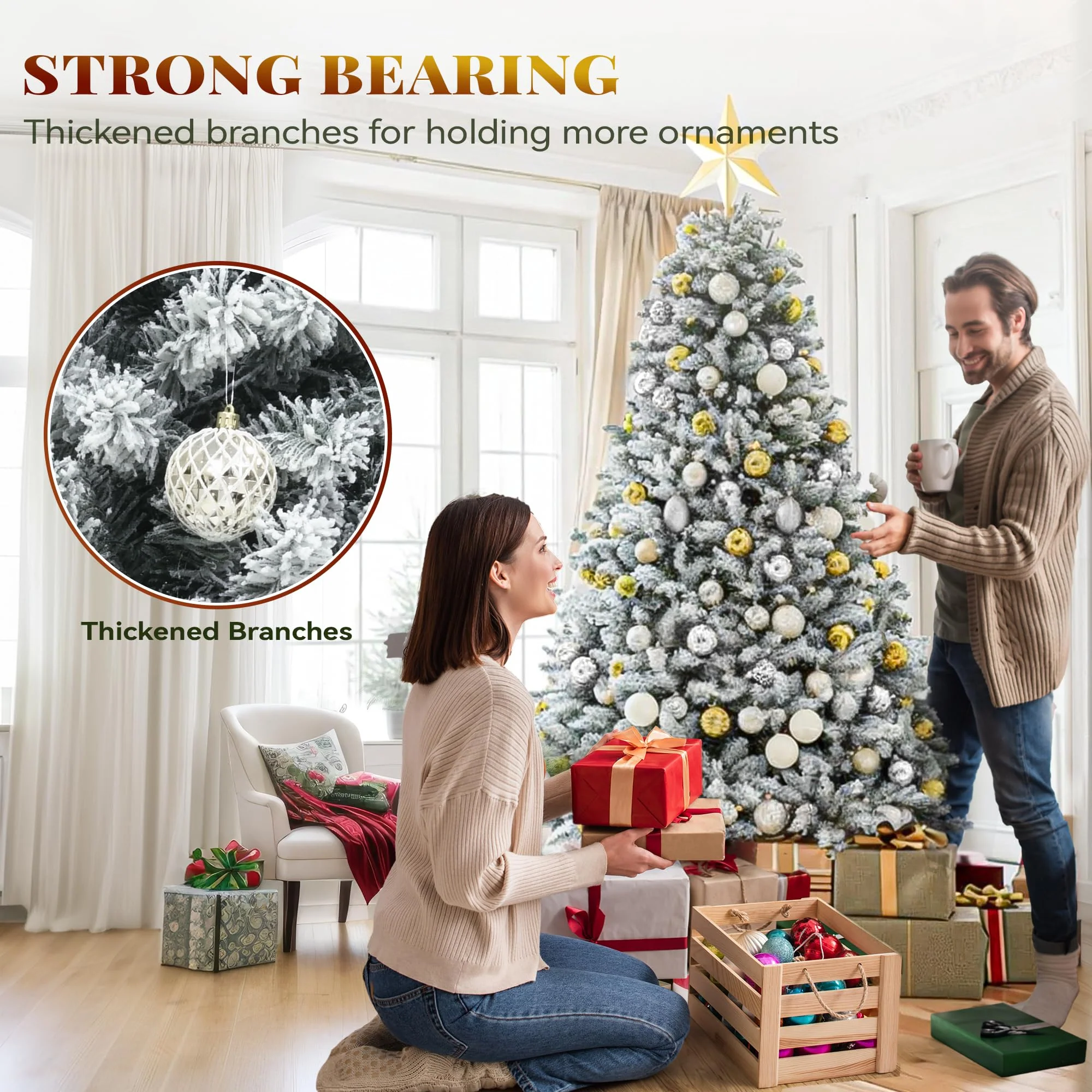 YITAHOME Prelit Snow Flocked Artificial Full Christmas Tree 6ft with Remote Control, Christmas Pine Tree with 11 Light-Modes, 1000 Branch Tips, and Foldable Base for Home, Party Decoration - Image 4
