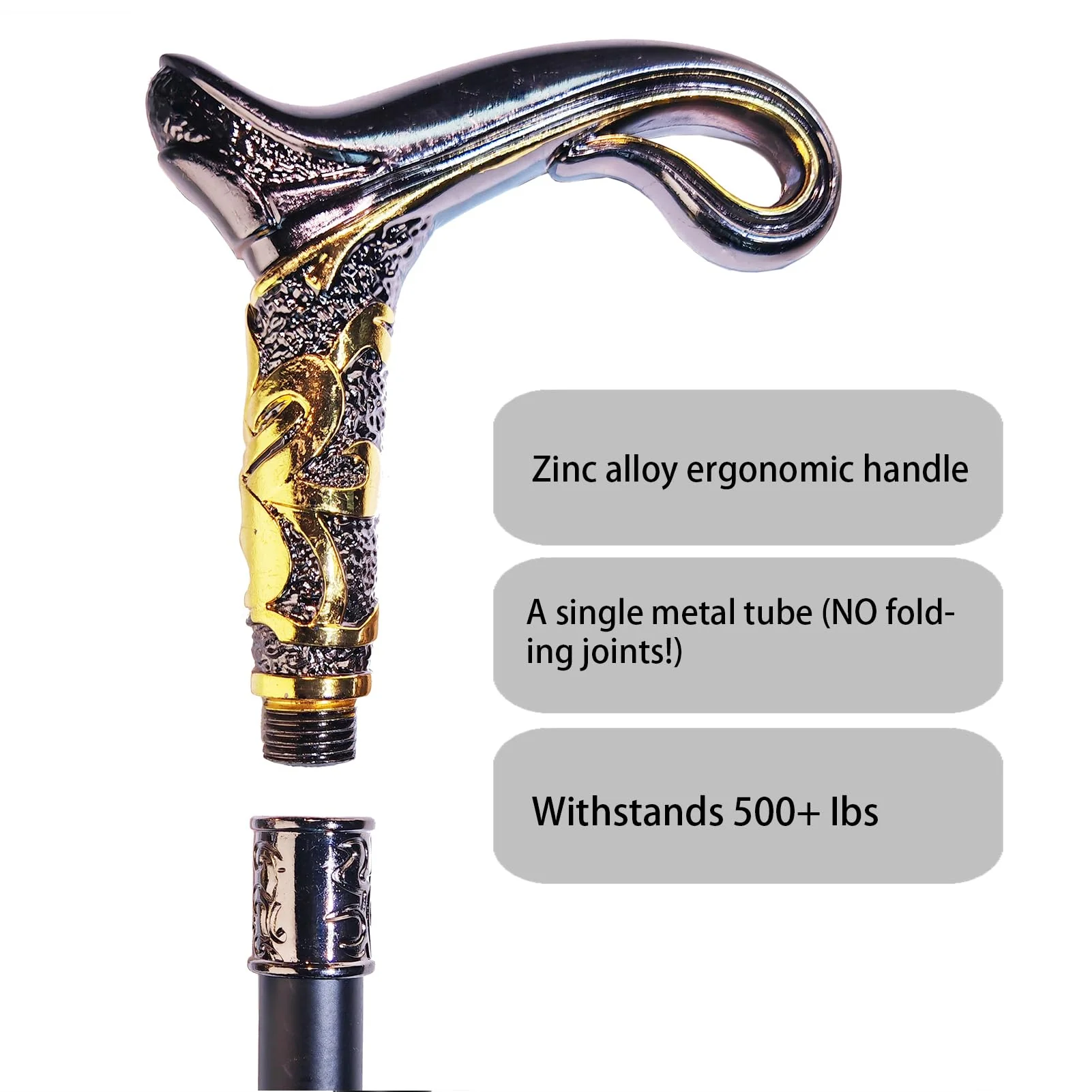 YIVIYAR Walking Cane for Men & Women & Seniors - 36.5 Inch Heavy Duty 500+ lbs Capacity, Ergonomic Handle, Decorative & Ornate Design, Gothic & Goth Elegant Matte Black & Gold Artistry, Metal Cane - Image 3