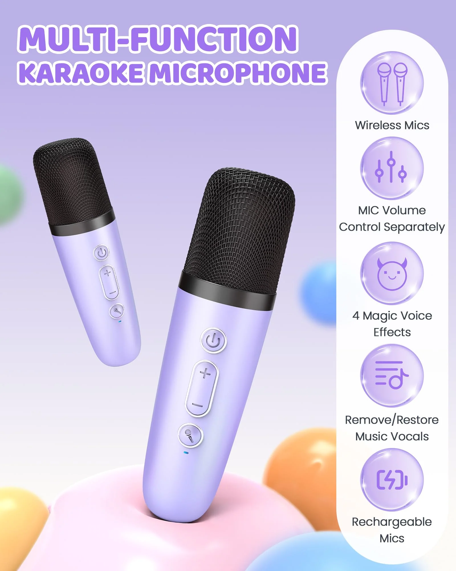 YLL Upgraded Mini Karaoke Machine with 4 Wireless Microphones Toy for Kids, Christmas Birthday Gifts for Girls Boys, Portable Party Bluetooth Speaker for 3, 4, 5, 6, 7, 8, 9, 10+ Year Old (Purple) - Image 3