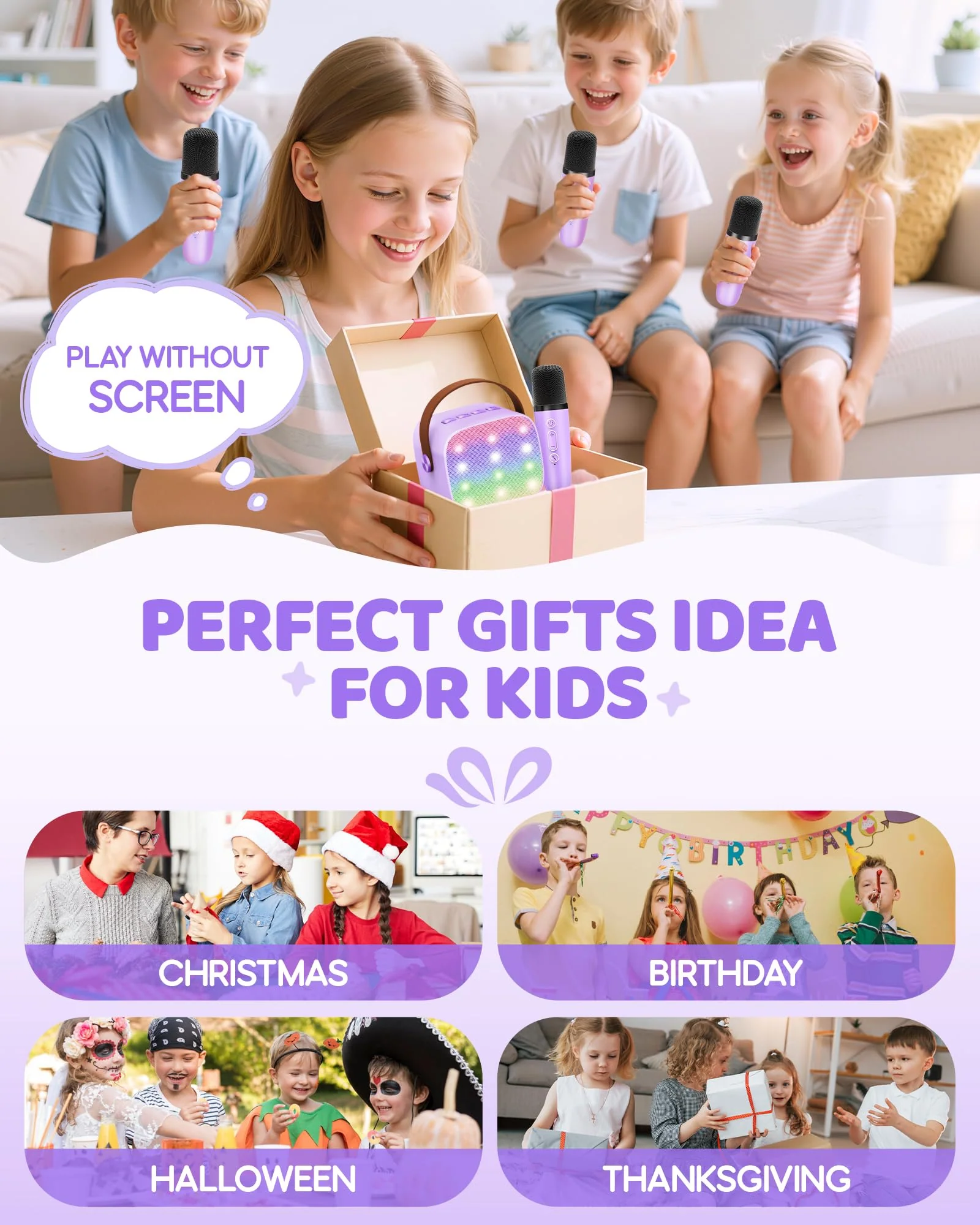 YLL Upgraded Mini Karaoke Machine with 4 Wireless Microphones Toy for Kids, Christmas Birthday Gifts for Girls Boys, Portable Party Bluetooth Speaker for 3, 4, 5, 6, 7, 8, 9, 10+ Year Old (Purple) - Image 4