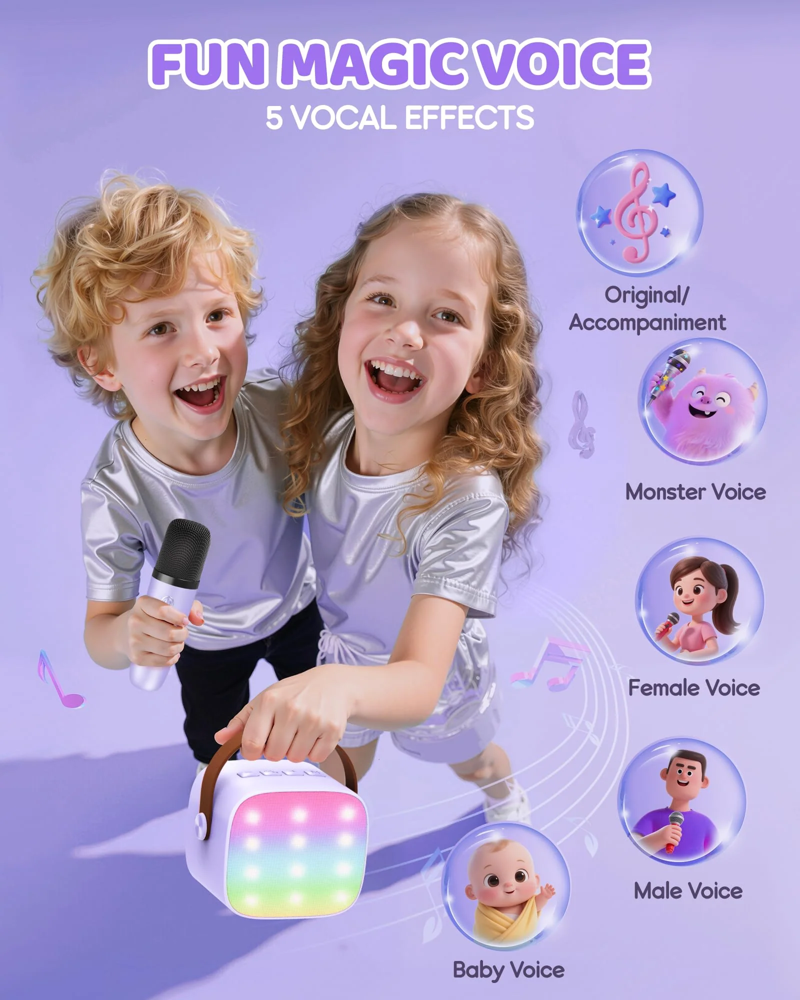 YLL Upgraded Mini Karaoke Machine with 4 Wireless Microphones Toy for Kids, Christmas Birthday Gifts for Girls Boys, Portable Party Bluetooth Speaker for 3, 4, 5, 6, 7, 8, 9, 10+ Year Old (Purple) - Image 5