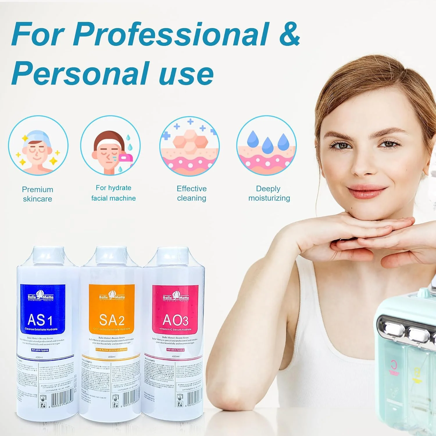 YMEYFAN Hydrate Solution for Facial AS1 SA2 AO3 for Hydrogen Oxygen Facial Machine Professional, Aqua Peeling Solution Hydrate Serums for Facial Cleansing, Face Skin Care, Hydrating (400ml/6Pcs) - Image 6