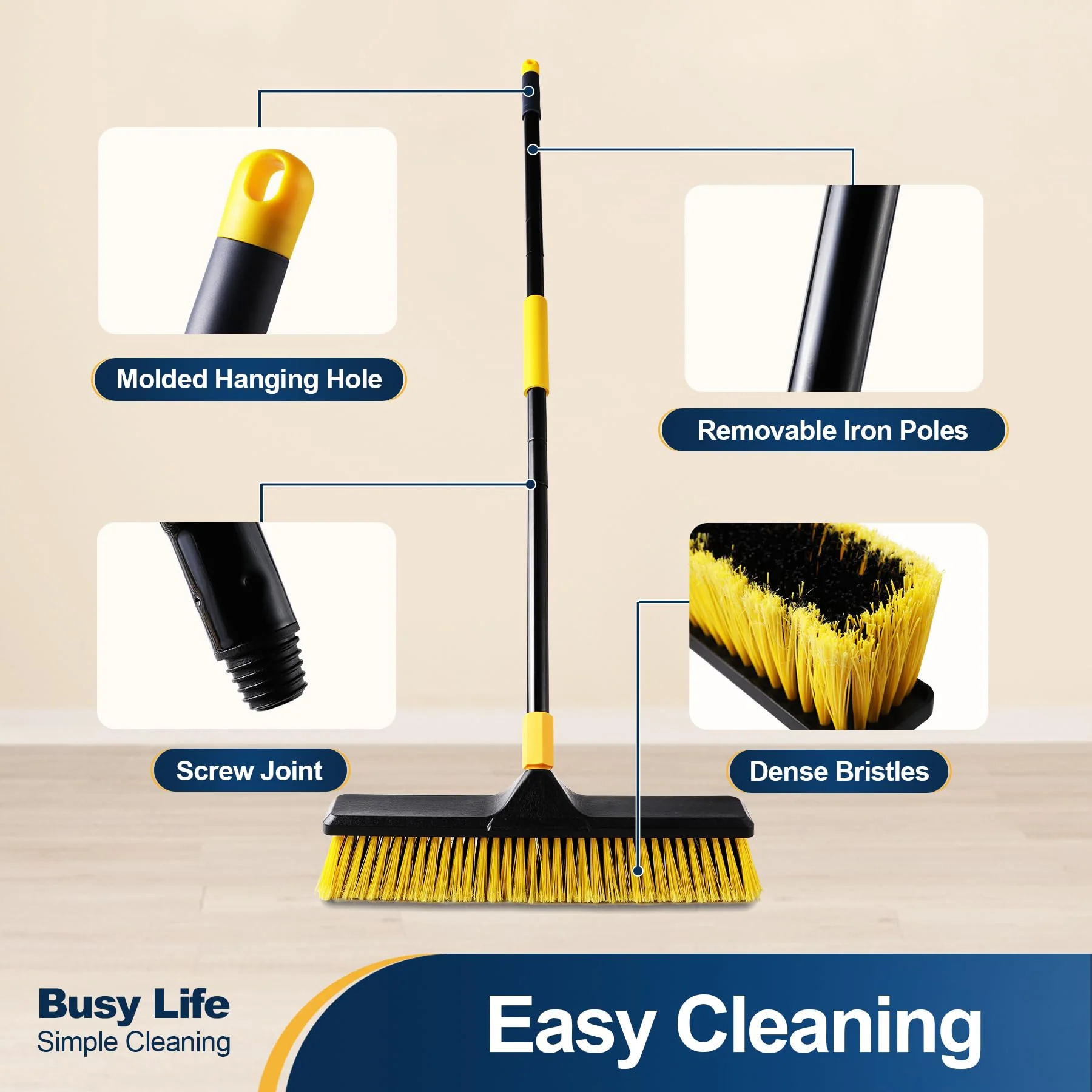 Yocada 18 Inch Push Broom Heavy-Duty Outdoor Commercial Broom Brush Stiff Bristles for Cleaning Patio Garage Deck Concrete Wood Stone Tile Floor 65.3 inch Long - Image 3