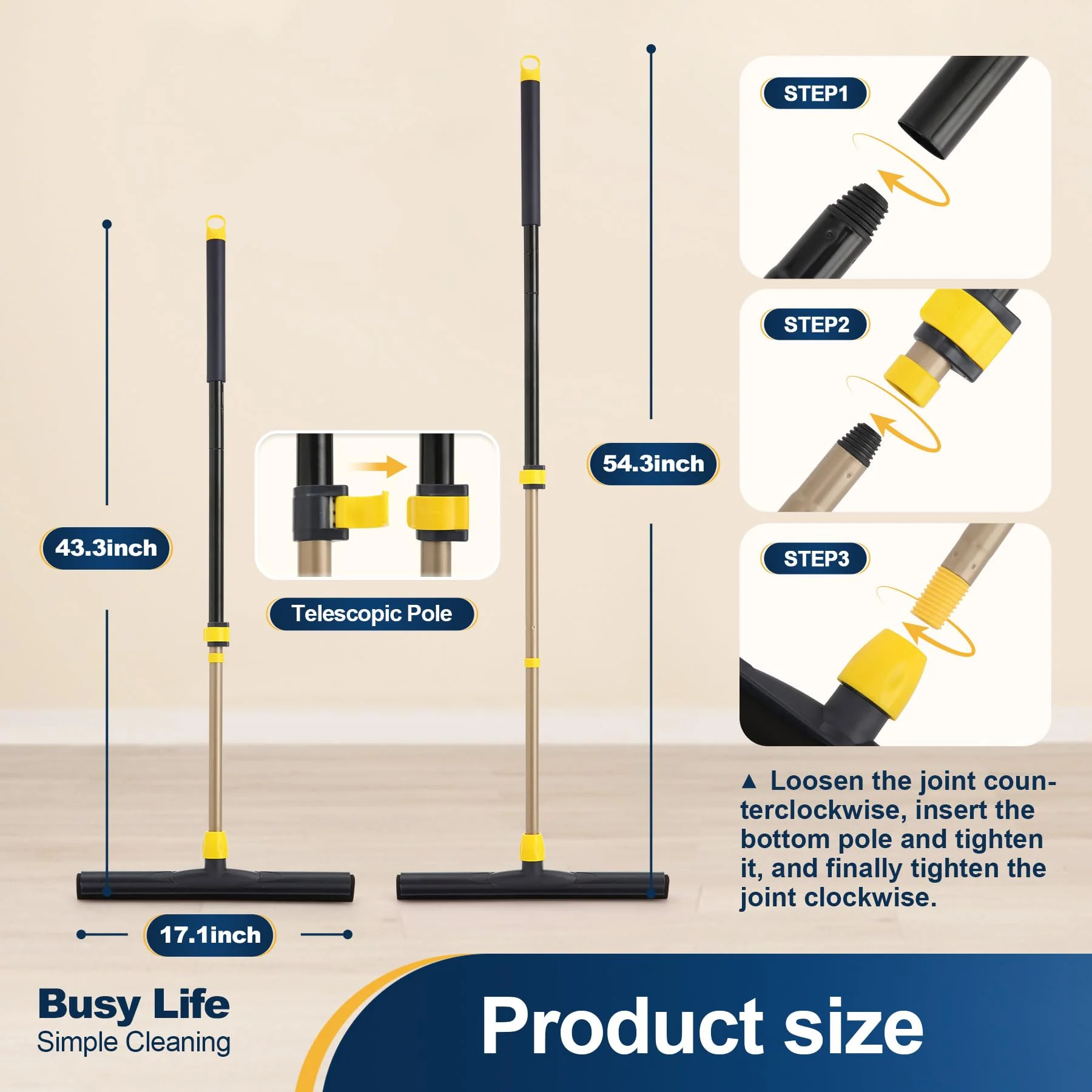 Yocada Floor Squeegee Scrubber Adjustable Telescopic Pole Heavy Duty Household Broom EVA Foam Blade for Garage Courtyard Shower Bathroom Floor Marble Glass Tile Water Foam Cleaning - Image 7