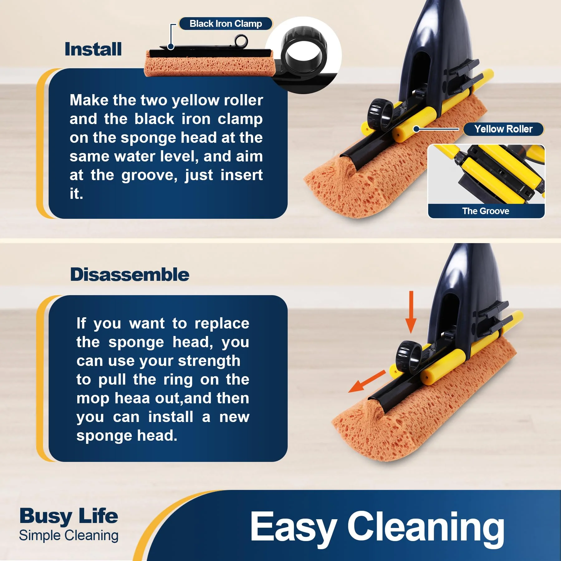 Yocada Sponge Mop Home Commercial Use Tile Floor Bathroom Garage Cleaning Total 2 Sponge Heads NOT 3 Telescopic Handle Squeegee from 42.5 to 52 Inches Easily Dry Wringing only 2 Heads - Image 7