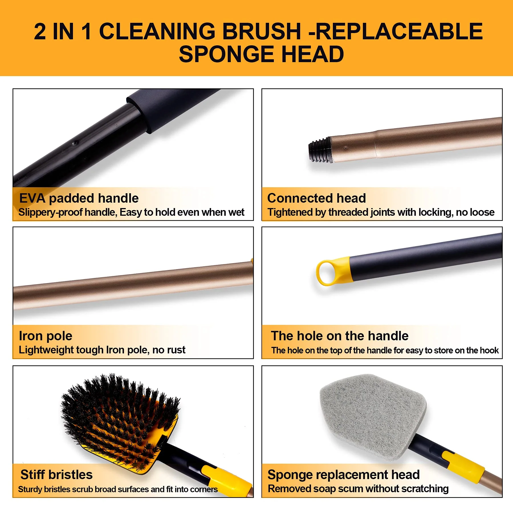 Yocada Tub Tile Scrubber Brush 2 in 1 Cleaning Brush 58.2 Inch Adjustable Telescopic Pole Stiff Bristles Scouring Pads for Cleaning Bathroom Kitchen Toilet Wall Tub Tile Sink Non Scratch - Image 6