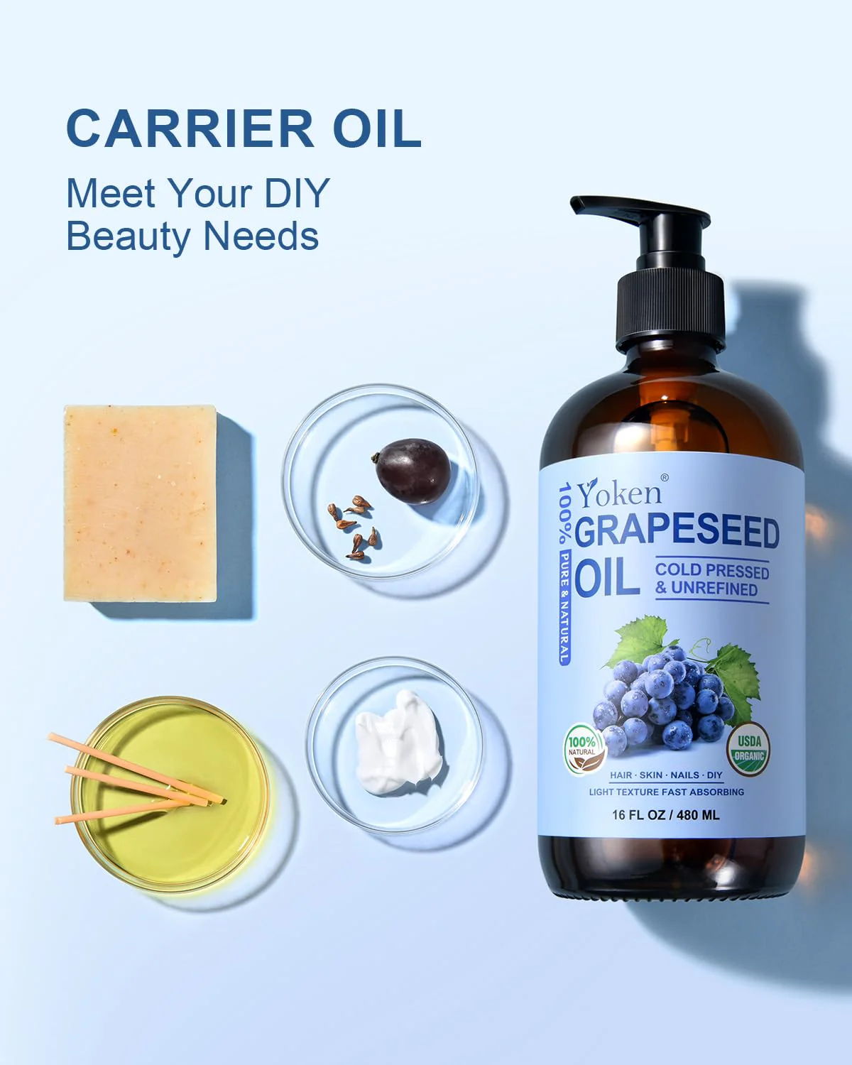 Yoken Organic Grapeseed Oil 16 oz GLASS BOTTLE - USDA 100% Pure & Natural Cold Pressed Grape Seed Carrier Oil for Skin & Hair - Single Ingredient, Hexane Free, Light & Silky Body Moisturizer - Image 3