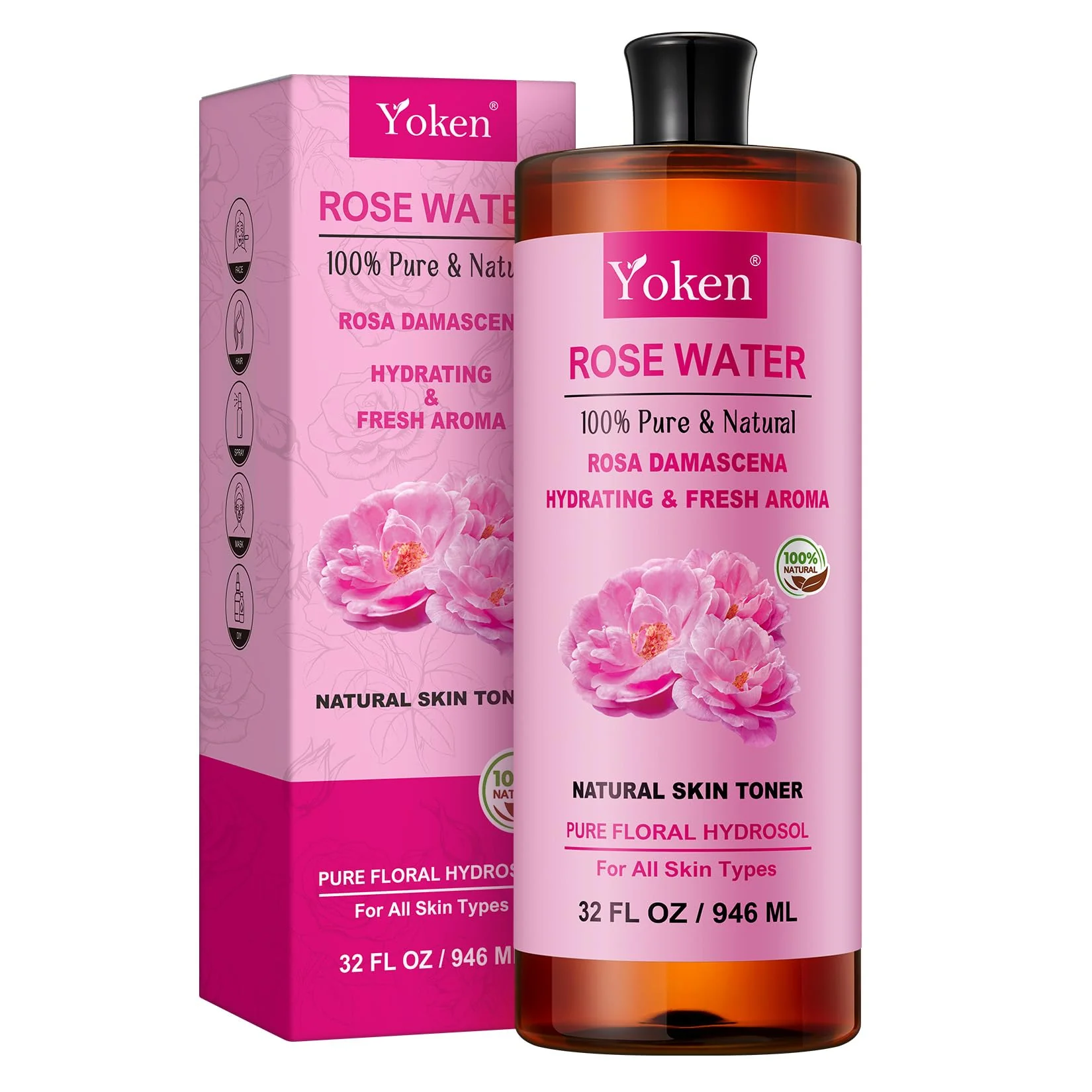 Yoken Pure Rose Water Toner for Face, 32 Fl Oz Bulk, 100% Rosa Damascena Rose Hydrosol, Refreshing Rosewater for Hair, Skin, Aromatherapy, Hydrates & Soothes, Alcohol Free, Chemical Free
