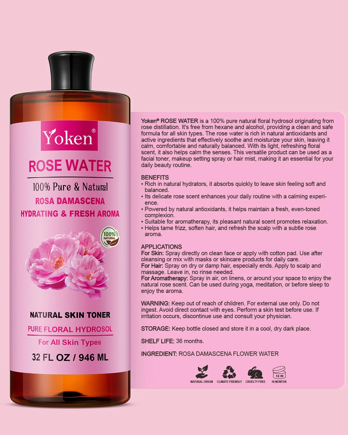 Yoken Pure Rose Water Toner for Face, 32 Fl Oz Bulk, 100% Rosa Damascena Rose Hydrosol, Refreshing Rosewater for Hair, Skin, Aromatherapy, Hydrates & Soothes, Alcohol Free, Chemical Free - Image 2