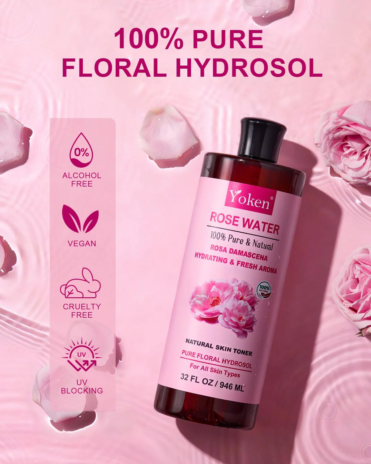 Yoken Pure Rose Water Toner for Face, 32 Fl Oz Bulk, 100% Rosa Damascena Rose Hydrosol, Refreshing Rosewater for Hair, Skin, Aromatherapy, Hydrates & Soothes, Alcohol Free, Chemical Free - Image 7