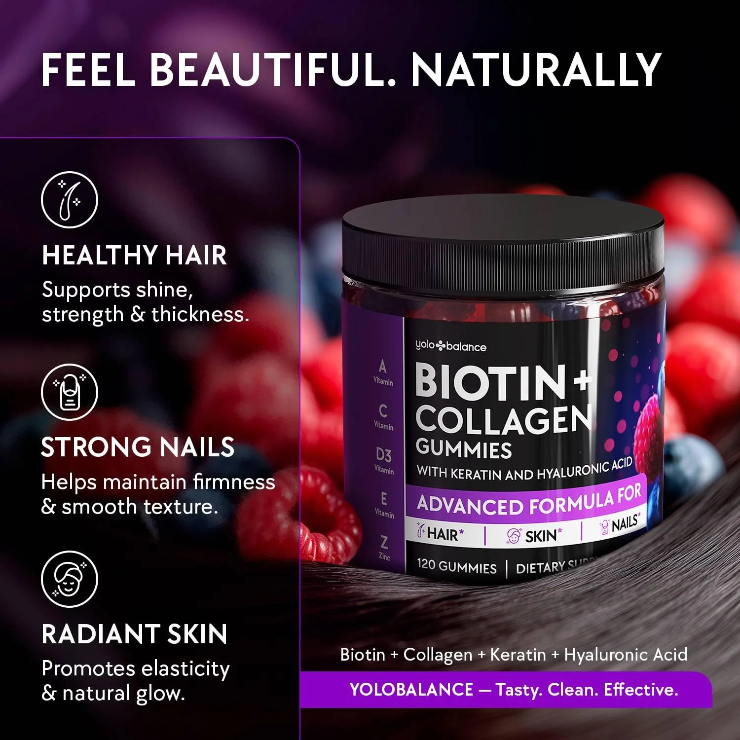 YOLOBALANCE Biotin Gummies 10000mcg for Hair Growth Support - Sugar Free Multi Collagen with Keratin, Silica & Hyaluronic Acid - Pectin Based, Soft Chew Hair Skin and Nails Vitamins - 120 Count - Image 2