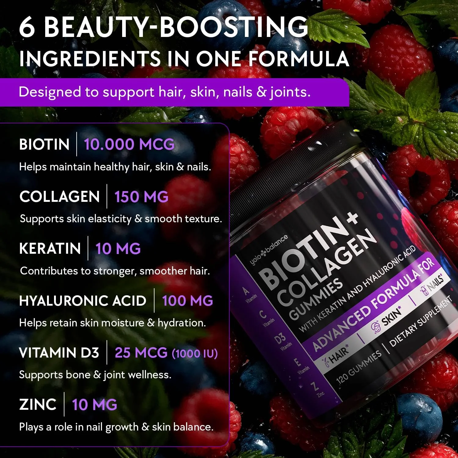 YOLOBALANCE Biotin Gummies 10000mcg for Hair Growth Support - Sugar Free Multi Collagen with Keratin, Silica & Hyaluronic Acid - Pectin Based, Soft Chew Hair Skin and Nails Vitamins - 120 Count - Image 8