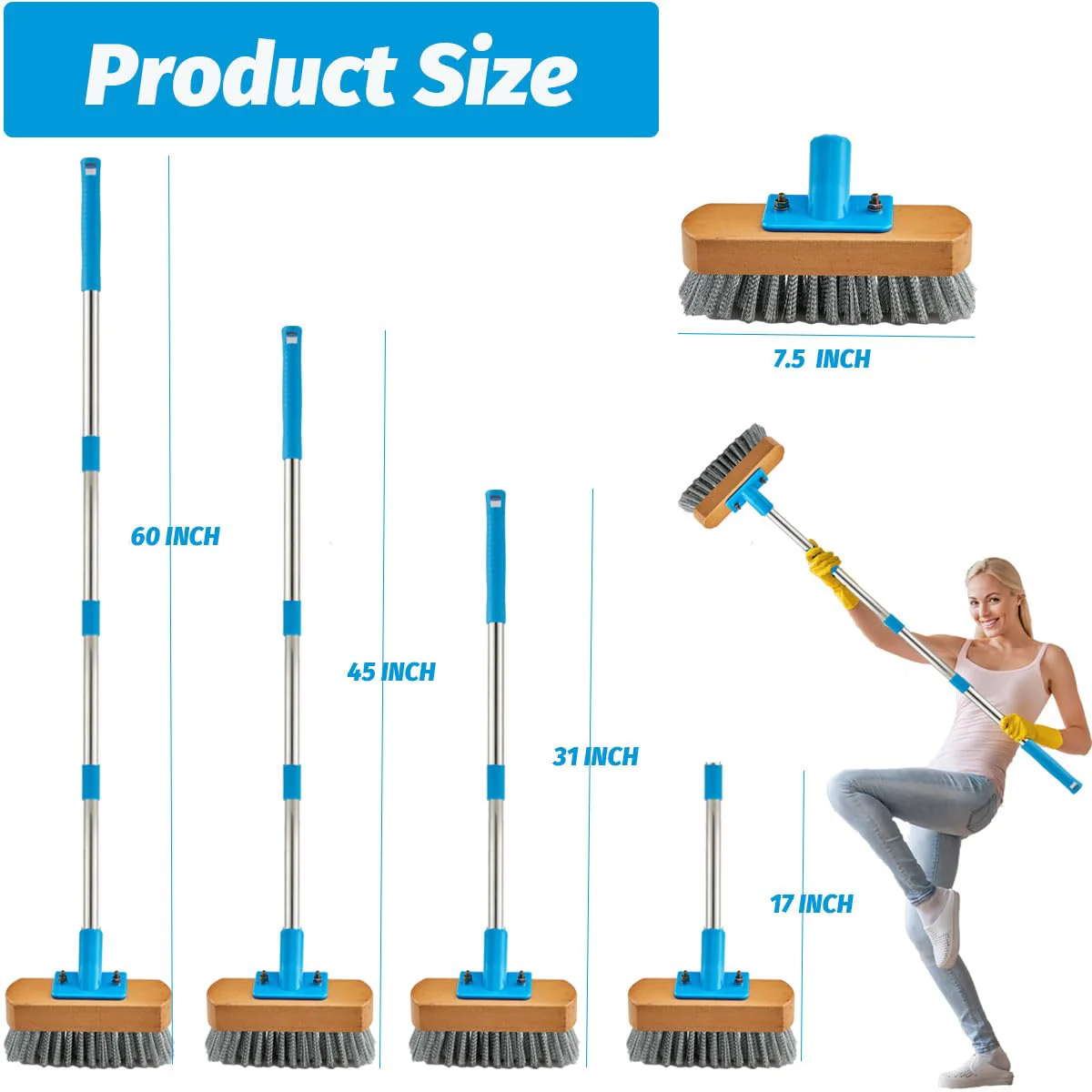 YONILL Stainless Steel Deck Scrub Brush with Long Handle - 60" Heavy Duty Floor Scrubber Brush with Pole, Moss Remover Wire Cleaning Brushes for Rough Surface, Concrete Floor, Patio, Garden, Garage - Image 3