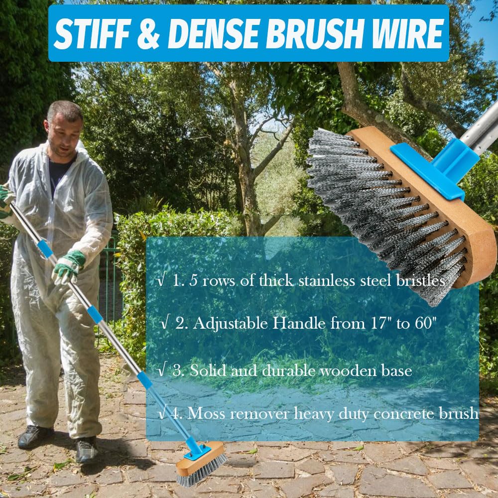 YONILL Stainless Steel Deck Scrub Brush with Long Handle - 60" Heavy Duty Floor Scrubber Brush with Pole, Moss Remover Wire Cleaning Brushes for Rough Surface, Concrete Floor, Patio, Garden, Garage - Image 5