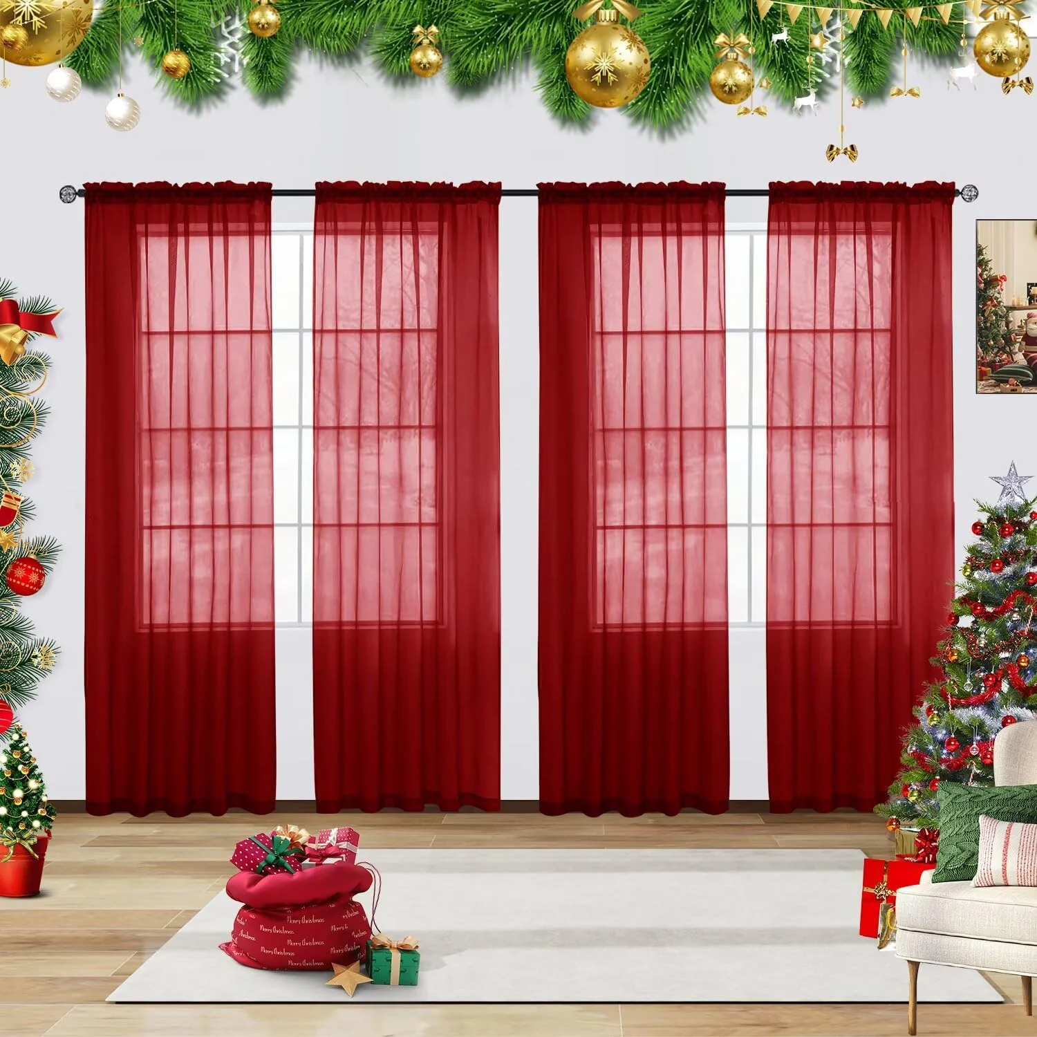 youleyar Solid Sheer Rod Pocket Curtain Voile Draperies 4 Panels White Beige Black Grey Ivory 52 Inch Width 96 Inch Long 1 Pair for Kitchen Bedroom Children Living Room Yard(Christmas Red,52 W���96 L)