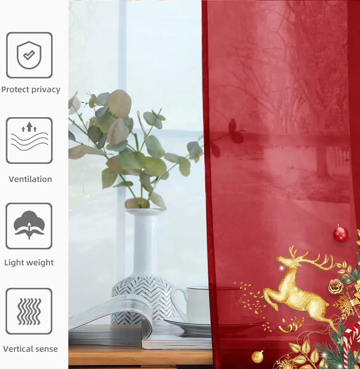 youleyar Solid Sheer Rod Pocket Curtain Voile Draperies 4 Panels White Beige Black Grey Ivory 52 Inch Width 96 Inch Long 1 Pair for Kitchen Bedroom Children Living Room Yard(Christmas Red,52 W���96 L) - Image 4