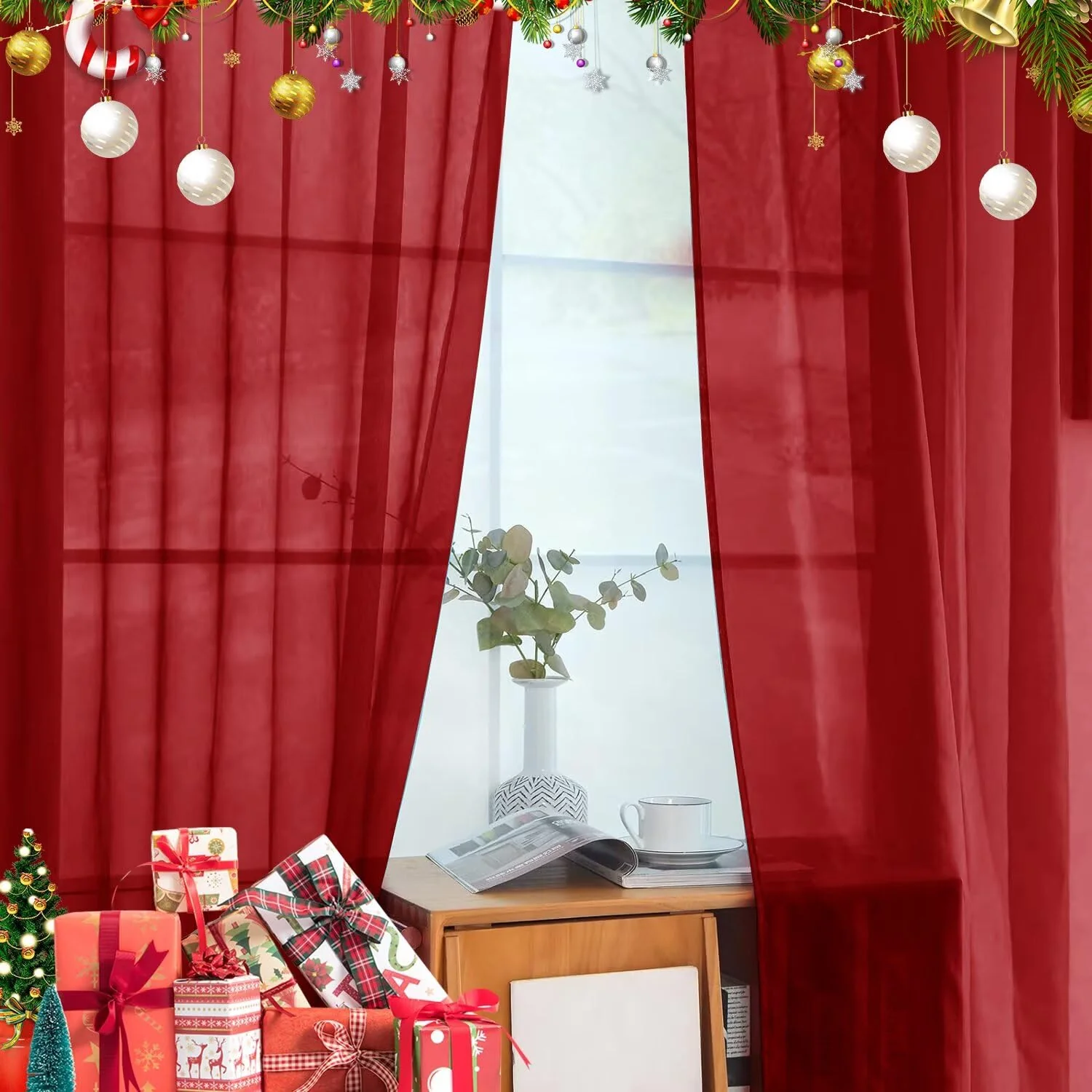 youleyar Solid Sheer Rod Pocket Curtain Voile Draperies 4 Panels White Beige Black Grey Ivory 52 Inch Width 96 Inch Long 1 Pair for Kitchen Bedroom Children Living Room Yard(Christmas Red,52 W���96 L) - Image 5