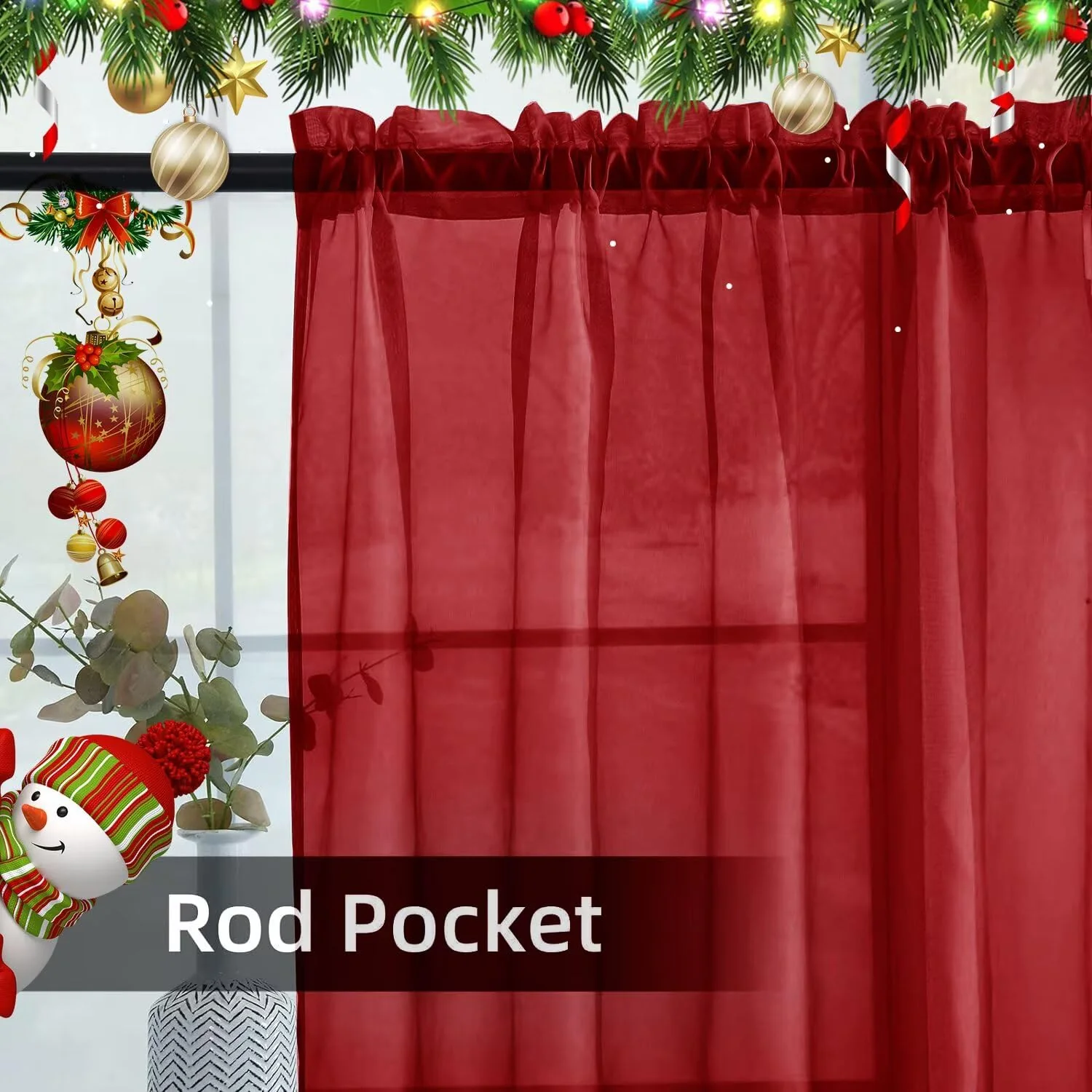 youleyar Solid Sheer Rod Pocket Curtain Voile Draperies 4 Panels White Beige Black Grey Ivory 52 Inch Width 96 Inch Long 1 Pair for Kitchen Bedroom Children Living Room Yard(Christmas Red,52 W���96 L) - Image 6
