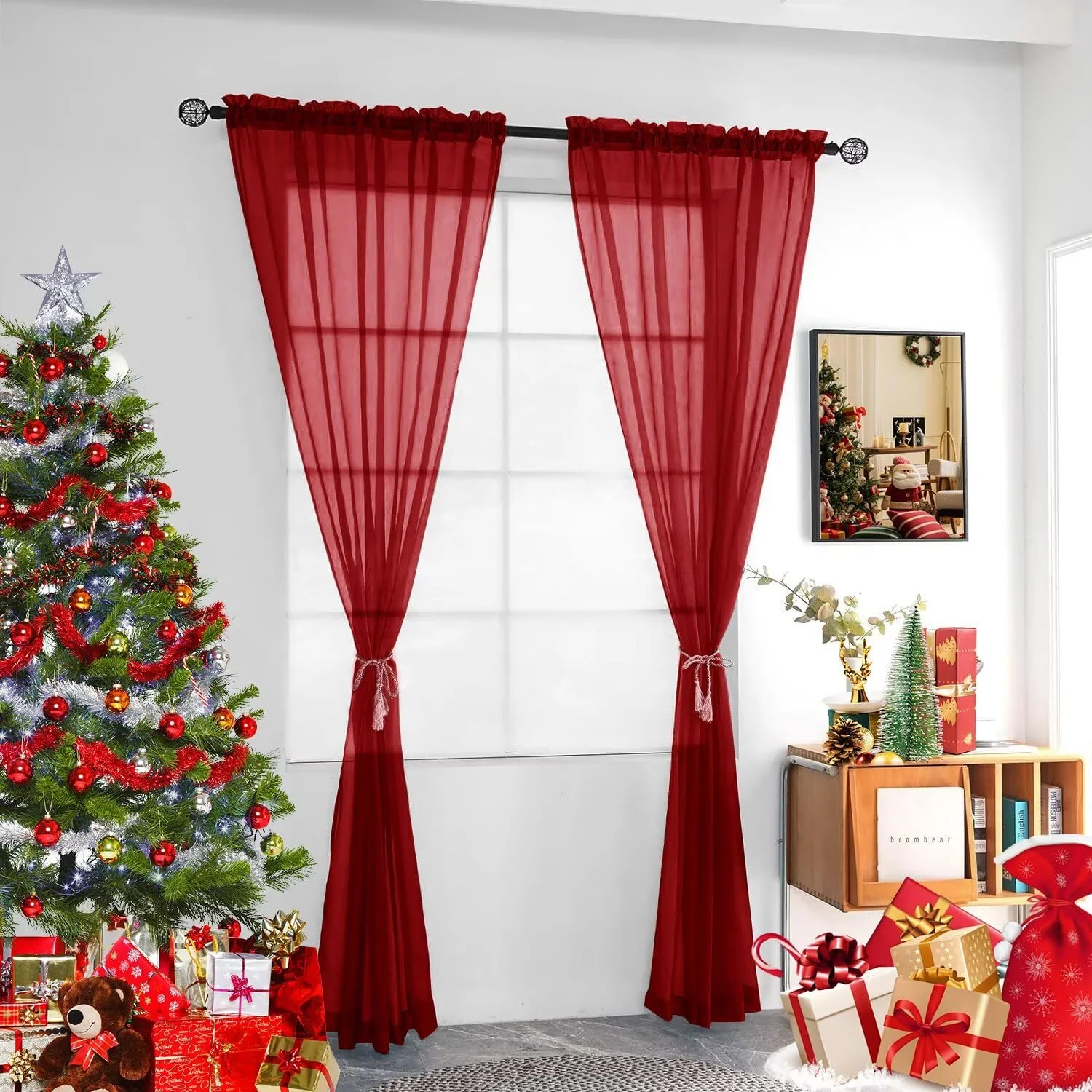 youleyar Solid Sheer Rod Pocket Curtain Voile Draperies 4 Panels White Beige Black Grey Ivory 52 Inch Width 96 Inch Long 1 Pair for Kitchen Bedroom Children Living Room Yard(Christmas Red,52 W���96 L) - Image 7