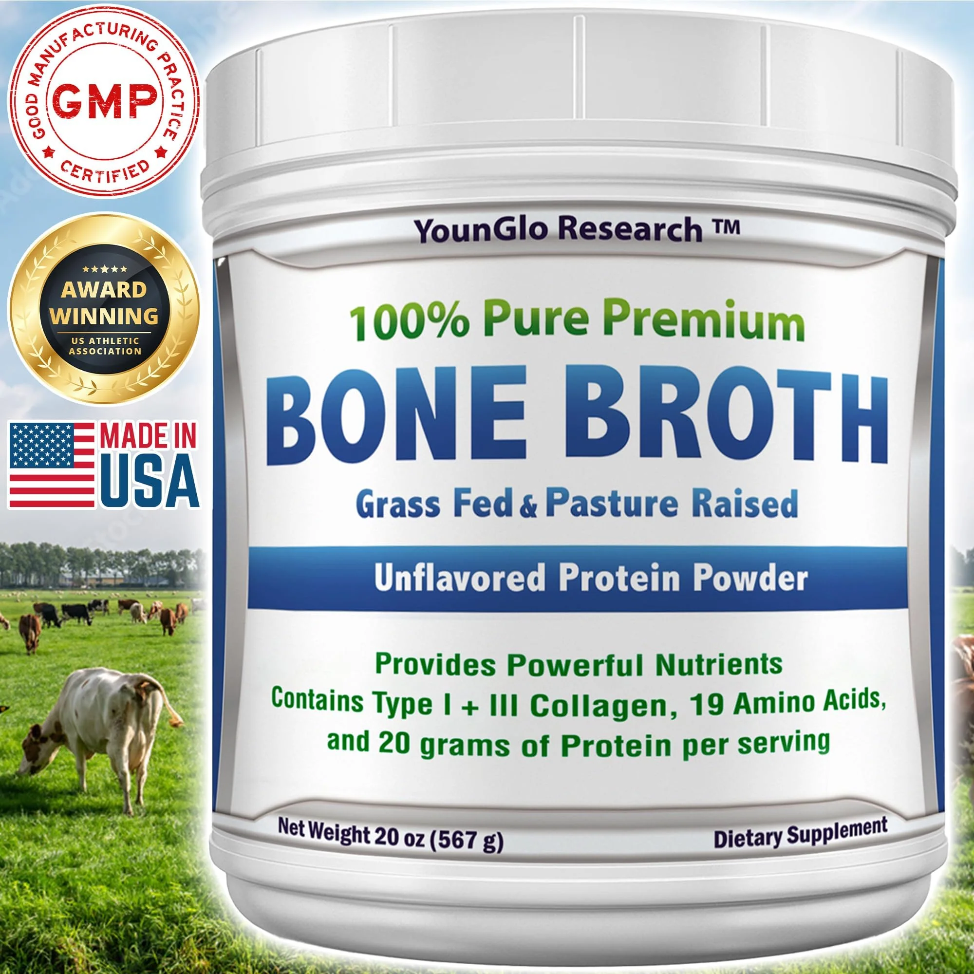 YounGlo Research - Bone Broth Beef Protein Powder - 1.25 lb / 20 oz, Unflavored - Made in USA - High Collagen & Gelatin from Grass Fed Bovine - Nutritious Marrow Benefits - Soups, Paleo & Keto Diets - Image 3