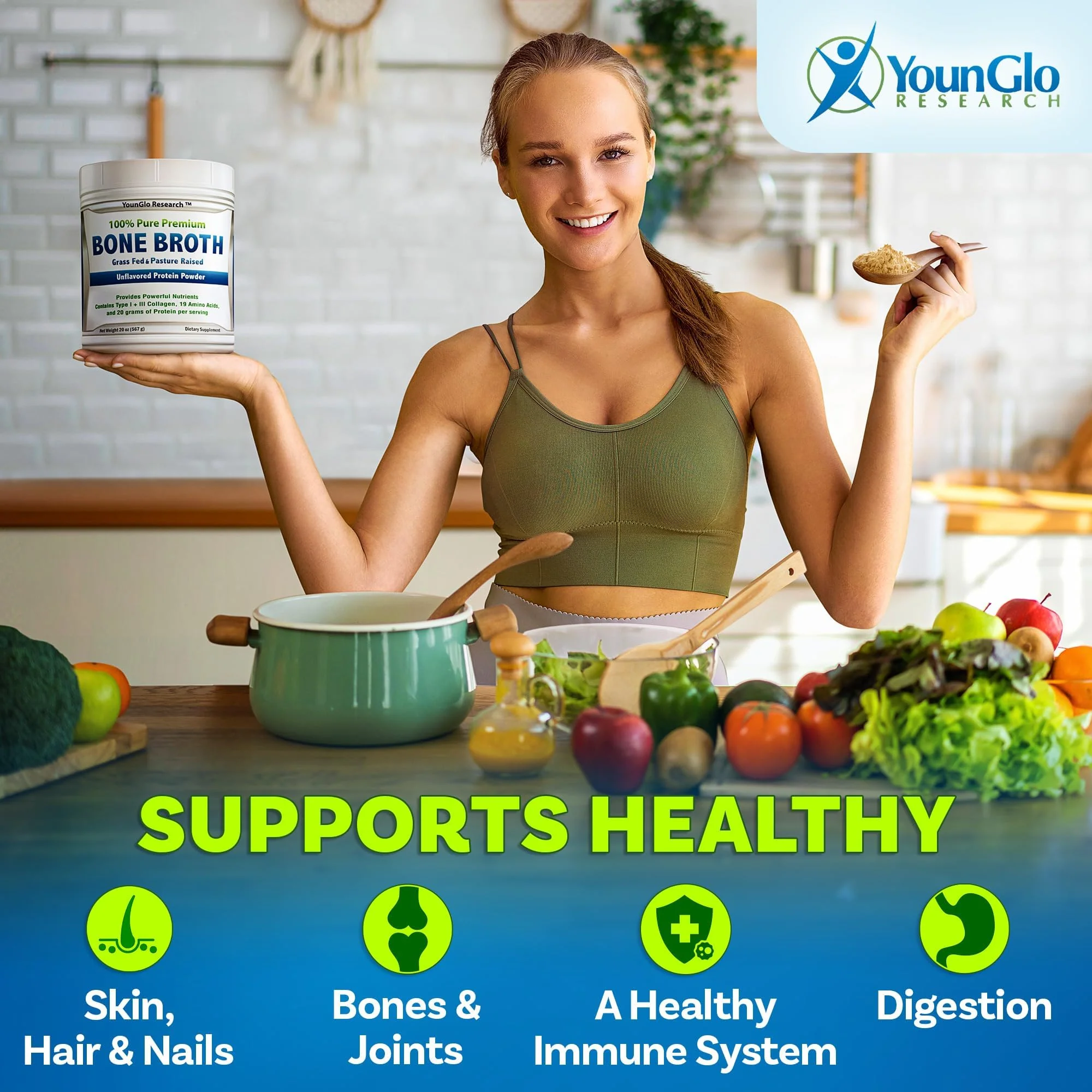 YounGlo Research - Bone Broth Beef Protein Powder - 1.25 lb / 20 oz, Unflavored - Made in USA - High Collagen & Gelatin from Grass Fed Bovine - Nutritious Marrow Benefits - Soups, Paleo & Keto Diets - Image 5