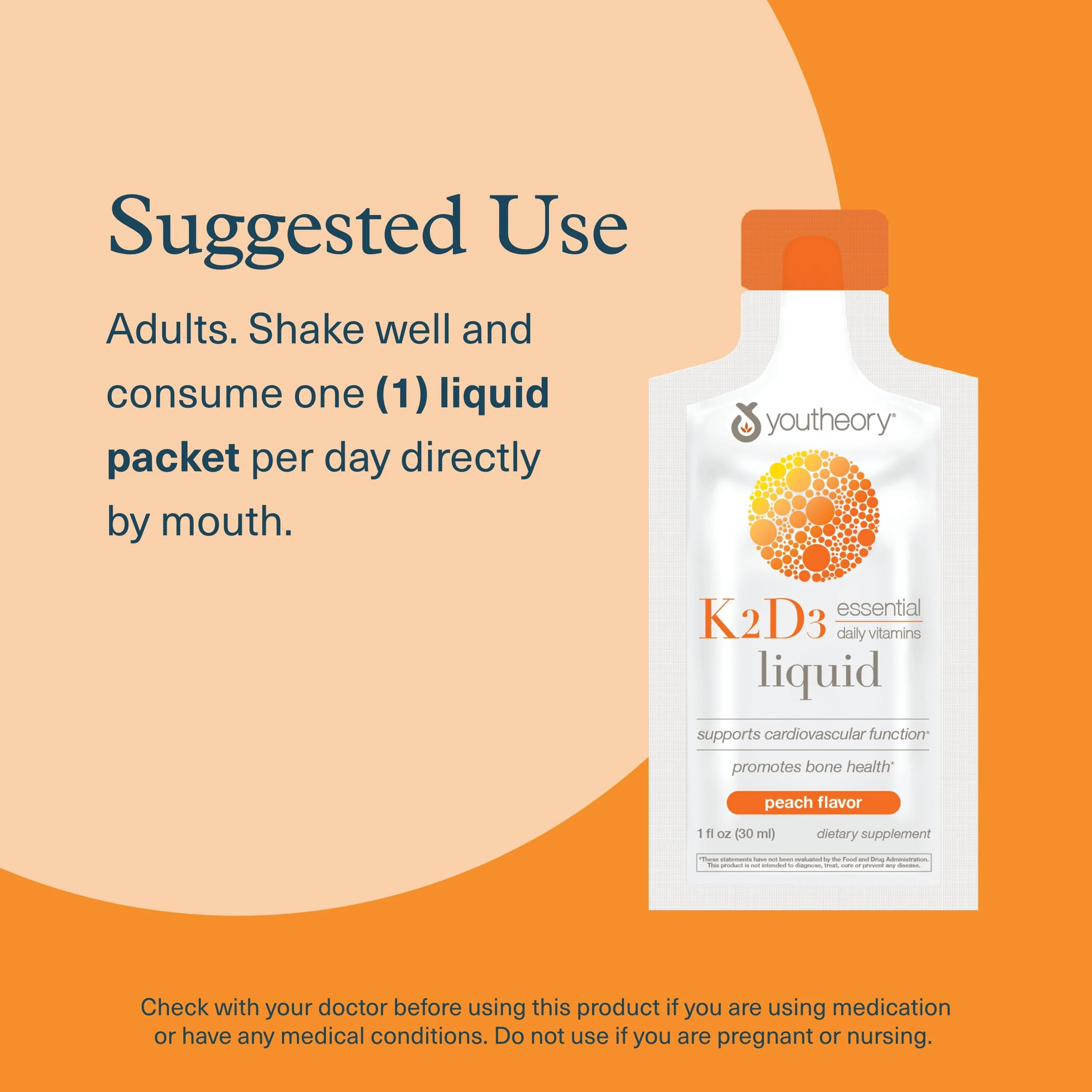 Youtheory K2D3 Liquid - Bone & Heart Health Support* - Combines Vitamin D3 & Vitamin K2 - Dairy, Soy & Gluten Free - Peach, 1 oz (12 Pack) - Image 3