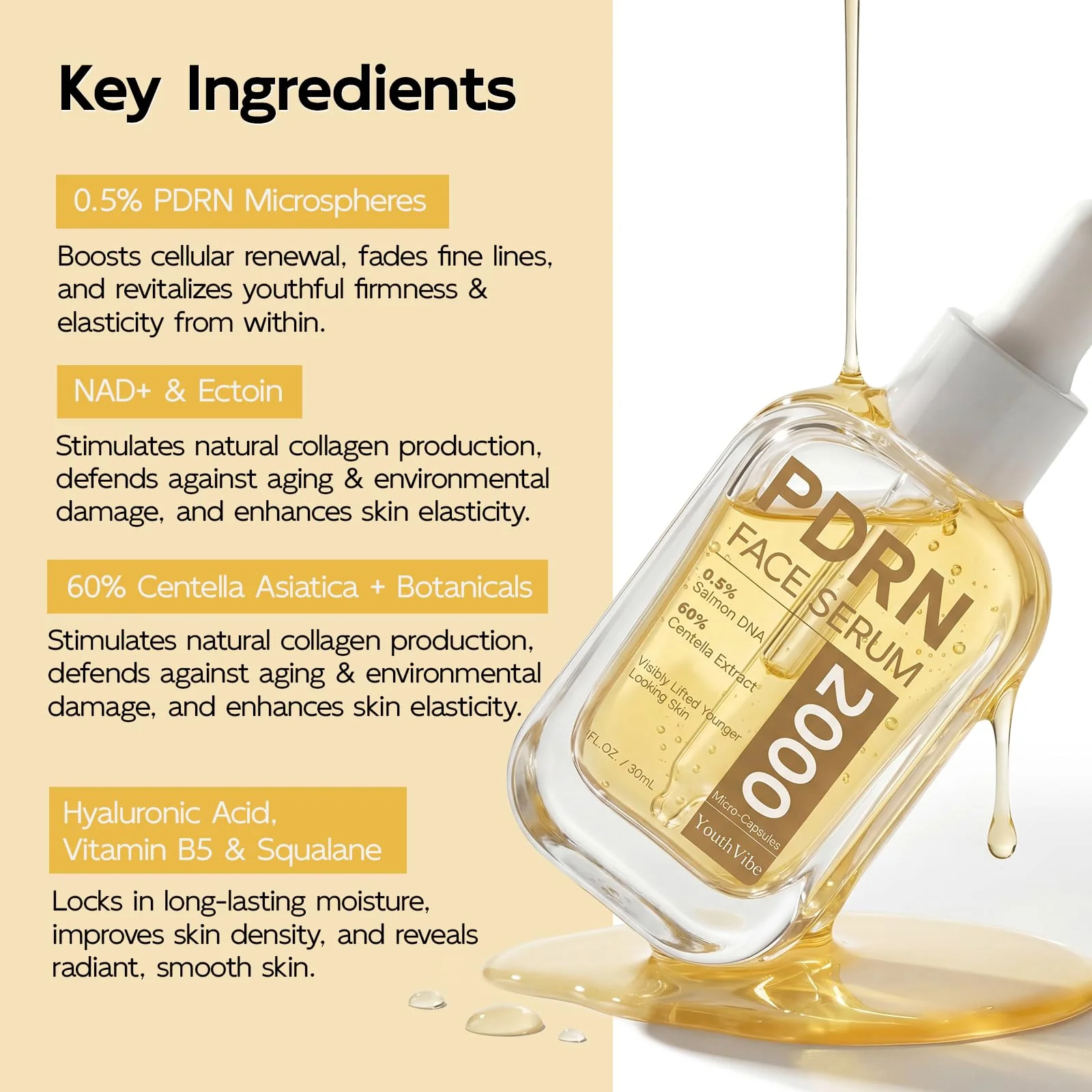 YouthVibe 0.5% PDRN Serum for Face, Anti-Aging Salmon DNA Face Serum with Hyaluronic Acid + Niacinamide + Squalane, Firming & Hydrating, Helps Smooth the Look of Fine Lines & Wrinkles, 30mL - Image 6