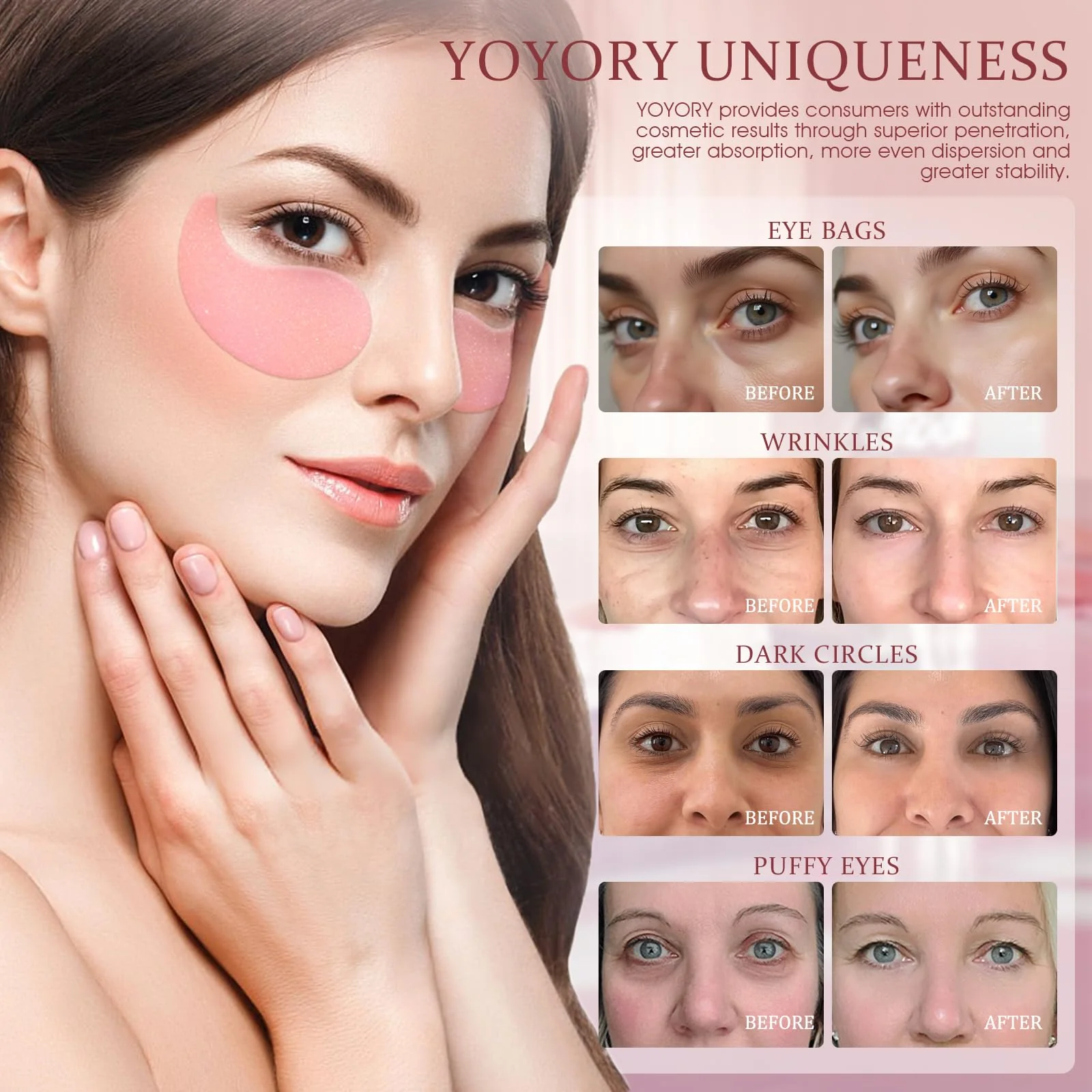 YOYORY Under Eye Patches Masks - for Fine Lines with Collagen and Hyaluronic Acid, Dark Circles,Eye bags,and Fade Wrinkles, puffiness Smoothing Skin Care Treatment for Women and Men, (60 Pcs) Pink - Image 8