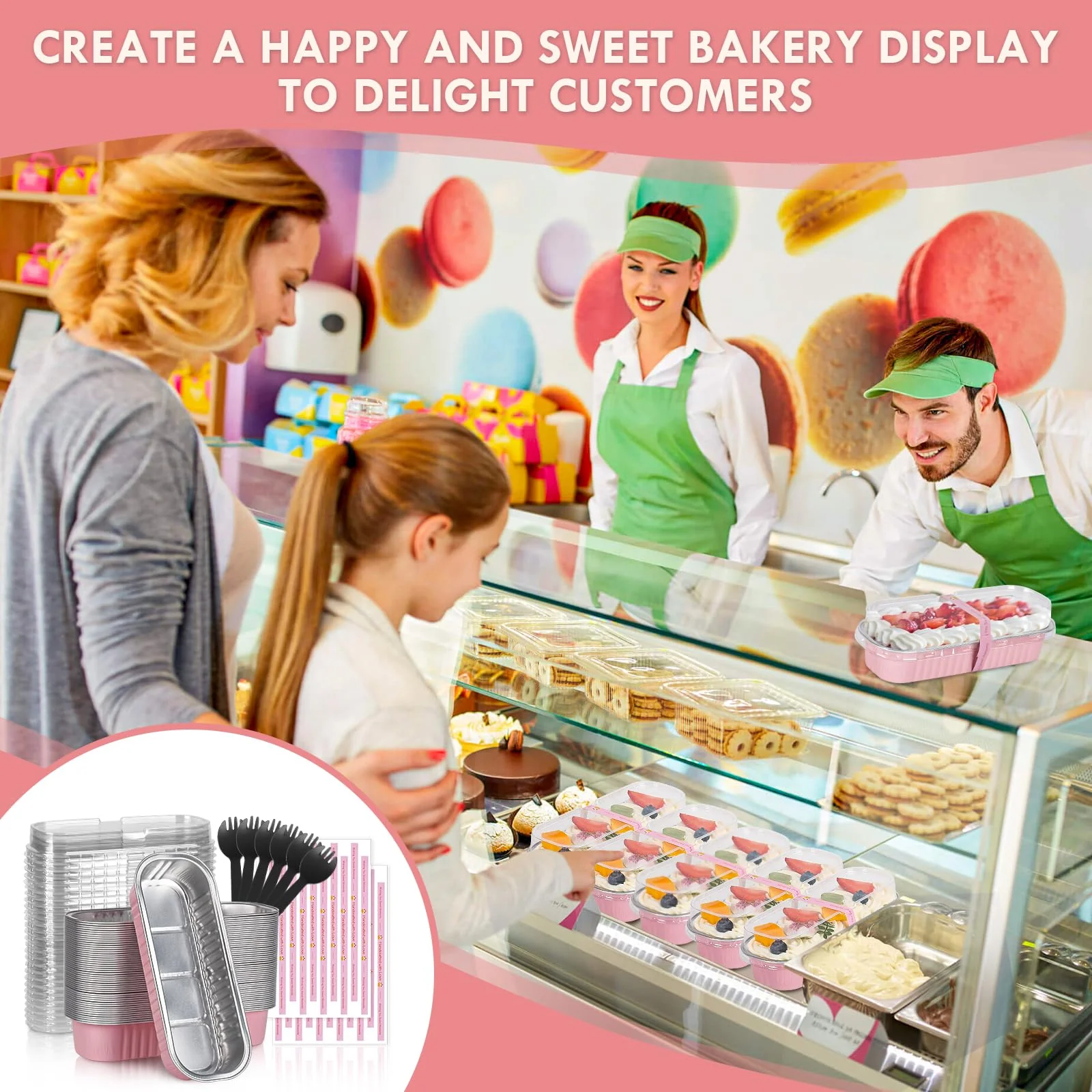 YQER 100 Pack Mini Loaf Pans with Lids and Spoons Sealing Sticker, 6.8oz Mini Cake Pans for Baking, Disposable Aluminum Foil Loaf Pans, Pink Loaf Baking Pans, Small Cake Containers With Lids - Image 2
