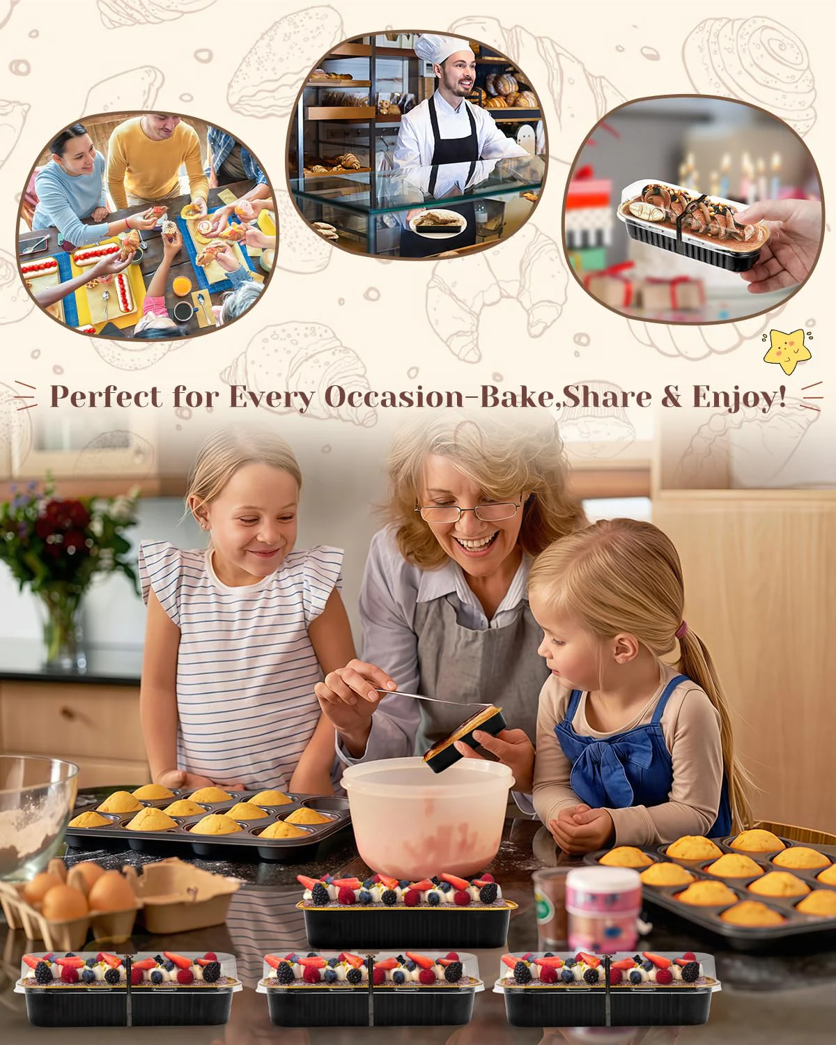 YQER 100 Pack Mini Loaf Pans with Lids, Spoons & Stickers – Disposable Aluminum Foil Baking Cake Containers for Oven, Air Fryer & Freezer – Ideal for Cakes, Bread, Pudding, Parties & Gifting, Black - Image 2