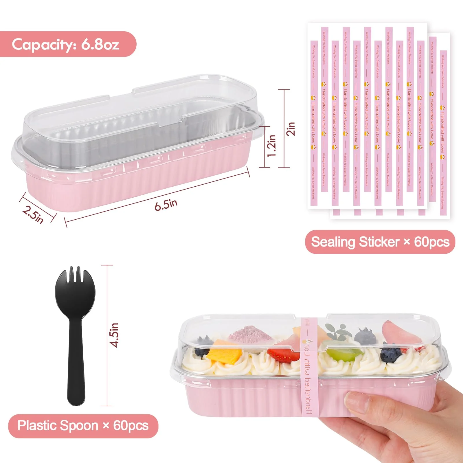 YQER 60 Pack Mini Loaf Pans with Lids and Spoons Sealing Sticker, 6.8oz Mini Cake Pans for Baking, Disposable Aluminum Foil Loaf Pans, Pink Loaf Baking Pans, Small Cake Containers With Lids - Image 3