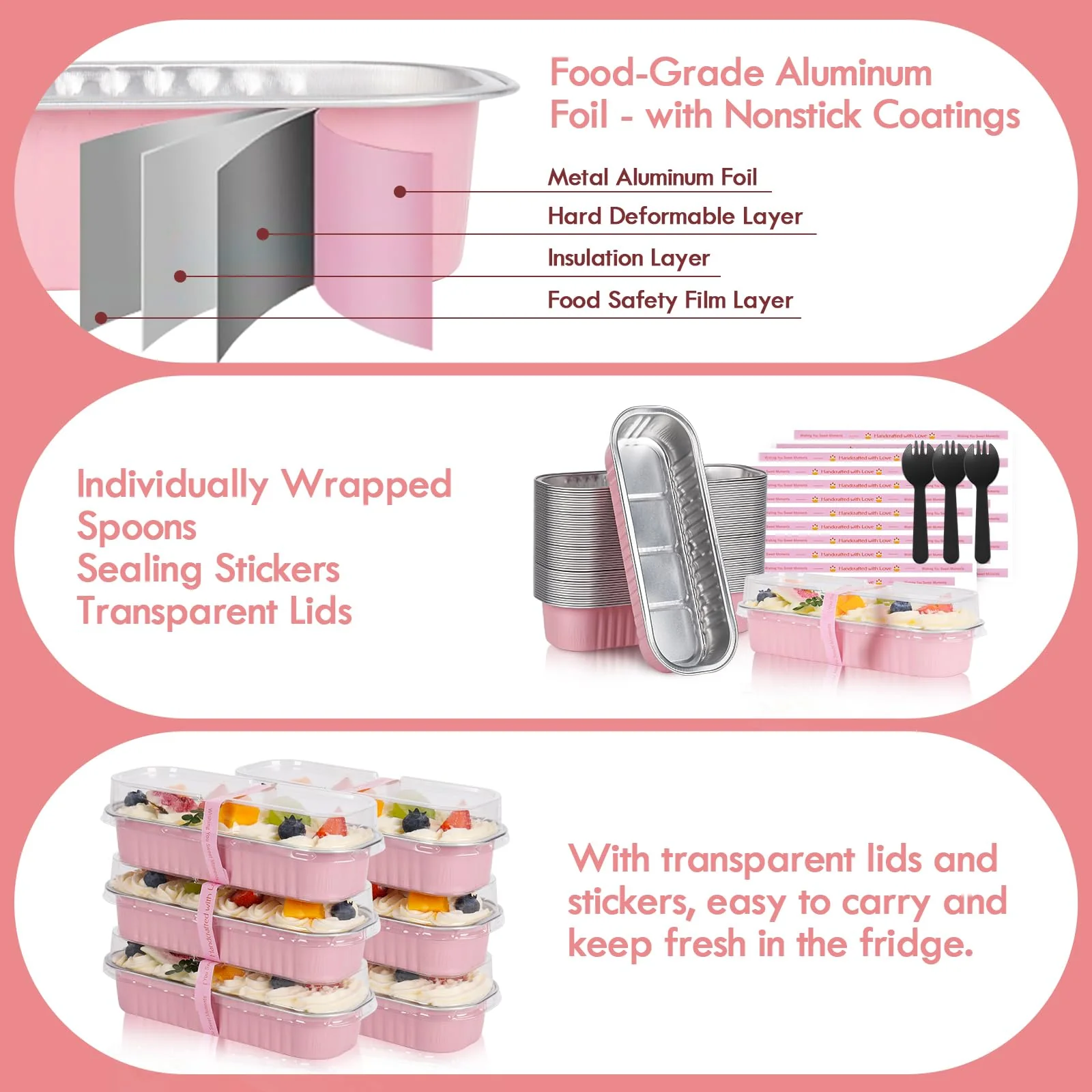 YQER 60 Pack Mini Loaf Pans with Lids and Spoons Sealing Sticker, 6.8oz Mini Cake Pans for Baking, Disposable Aluminum Foil Loaf Pans, Pink Loaf Baking Pans, Small Cake Containers With Lids - Image 4