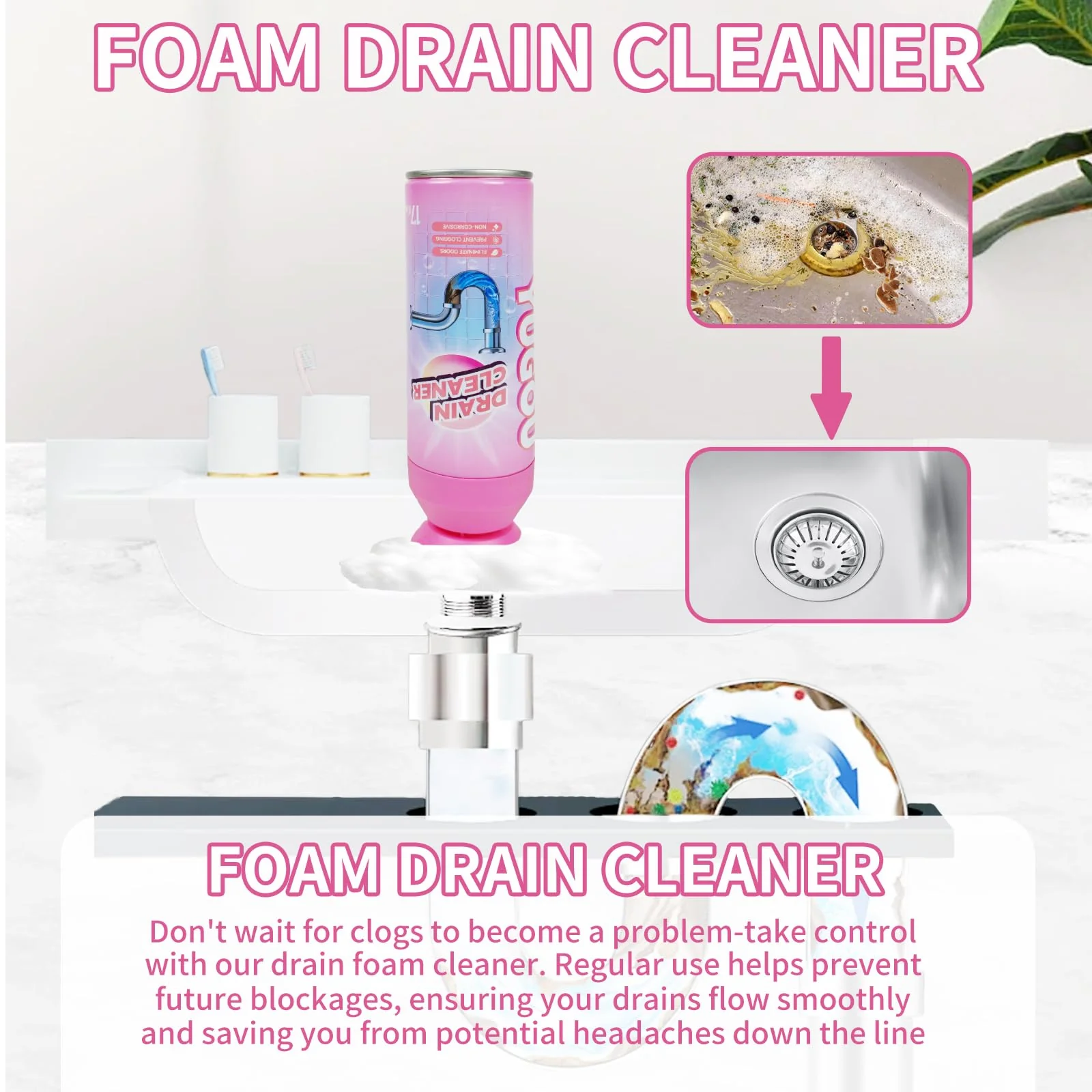 Yugou Foaming Drain Cleaner, Sink Cleaner and Deodorizer, Drain Clog Remover for Kitchen Sinks, Shower Drains, Tubs (1pcs) - Image 8