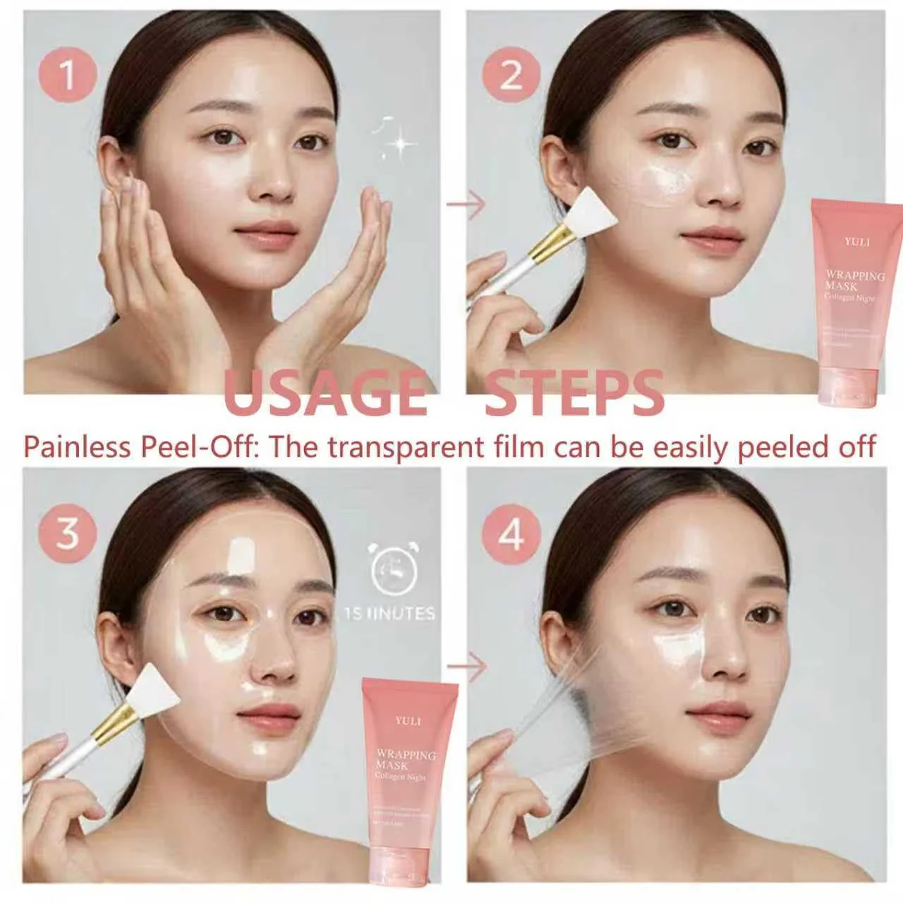 YULI collagen night wrapping mask, Overnight collagen face mask Easy Peel Off Facial Mask Skin Care night mask 2.54 fl.oz (2pcs) - Image 4