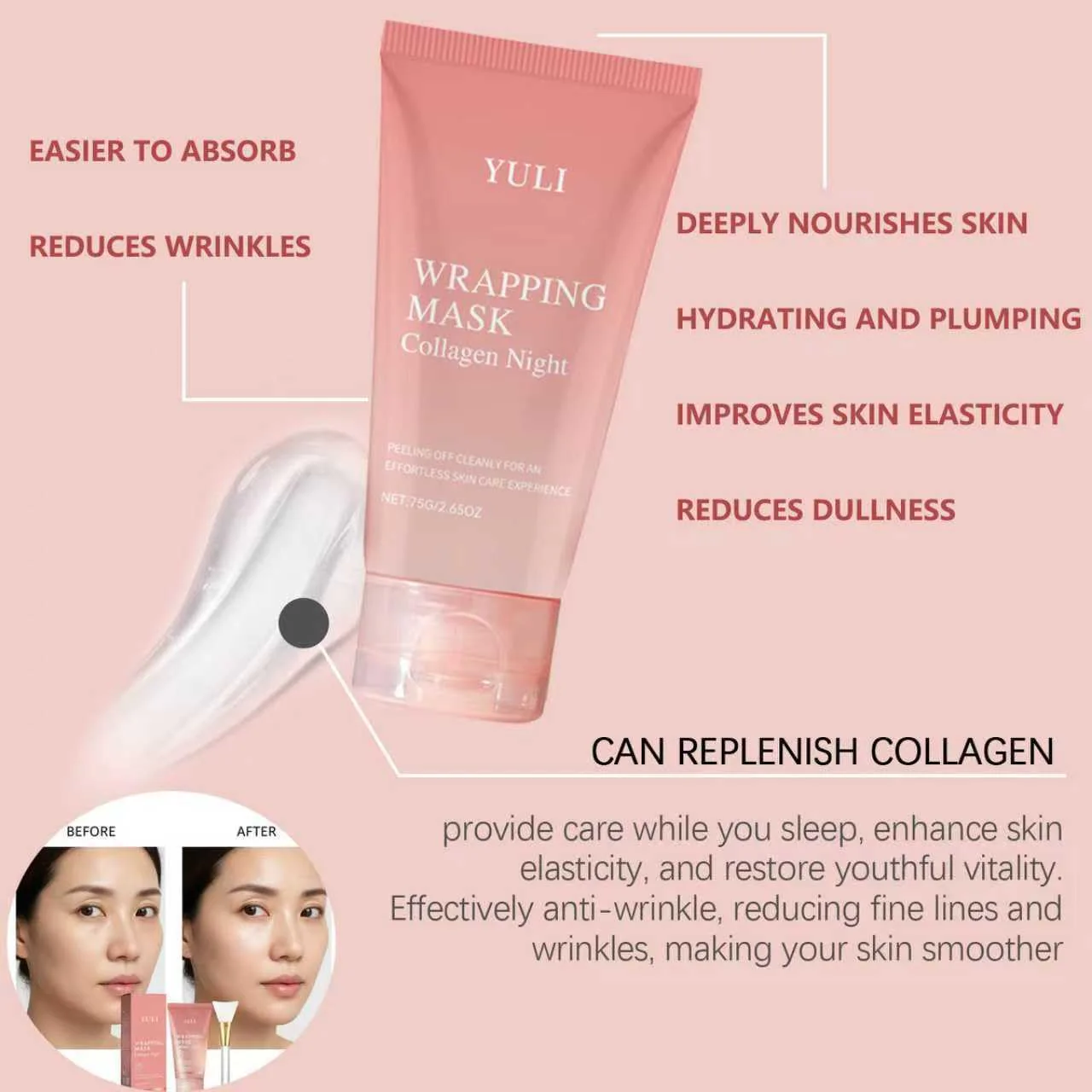 YULI collagen night wrapping mask, Overnight collagen face mask Easy Peel Off Facial Mask Skin Care night mask 2.54 fl.oz (2pcs) - Image 6